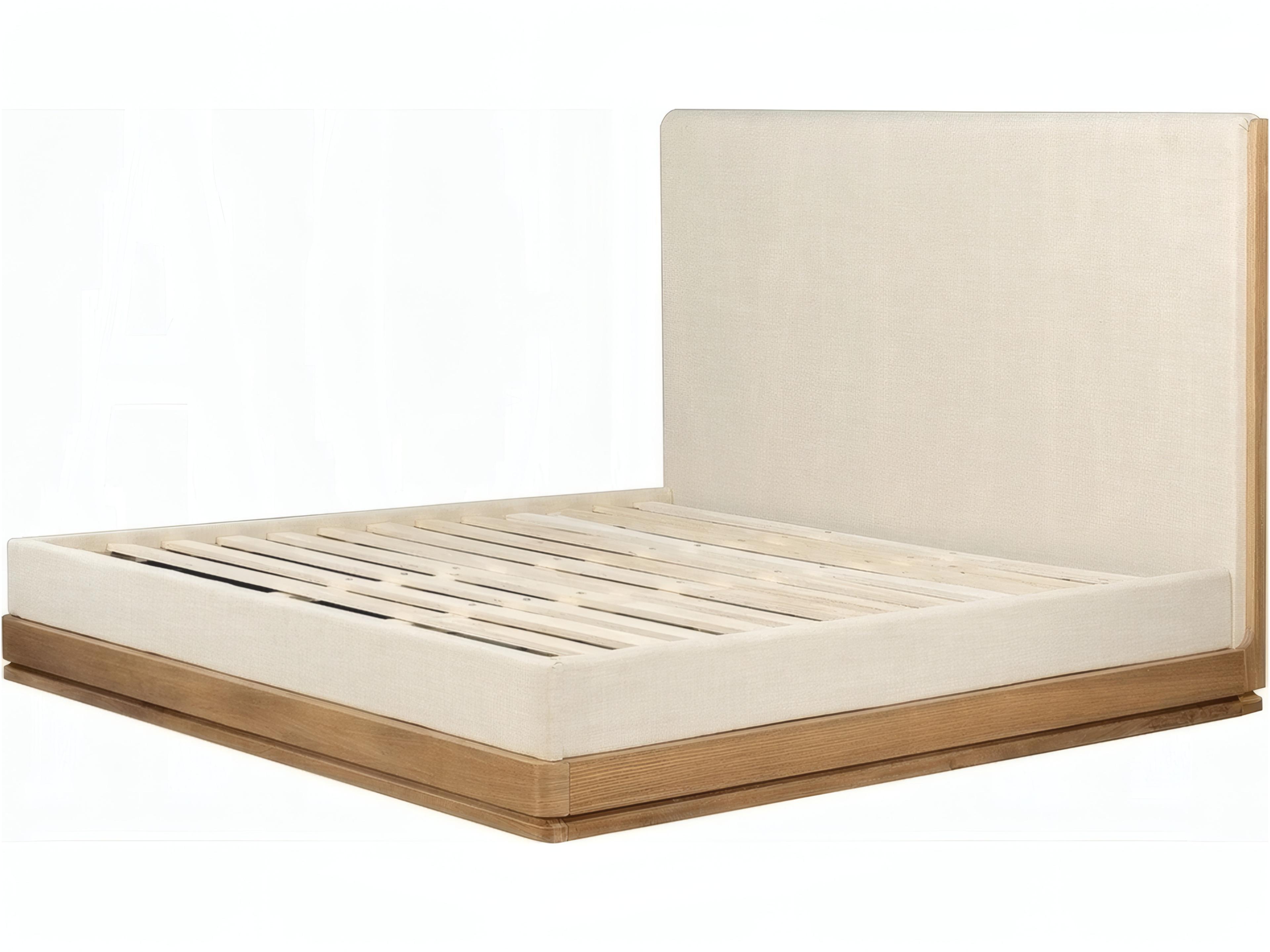 Zoey Beige Fabric Oak Acacia Wood Upholstered King Platform Bed