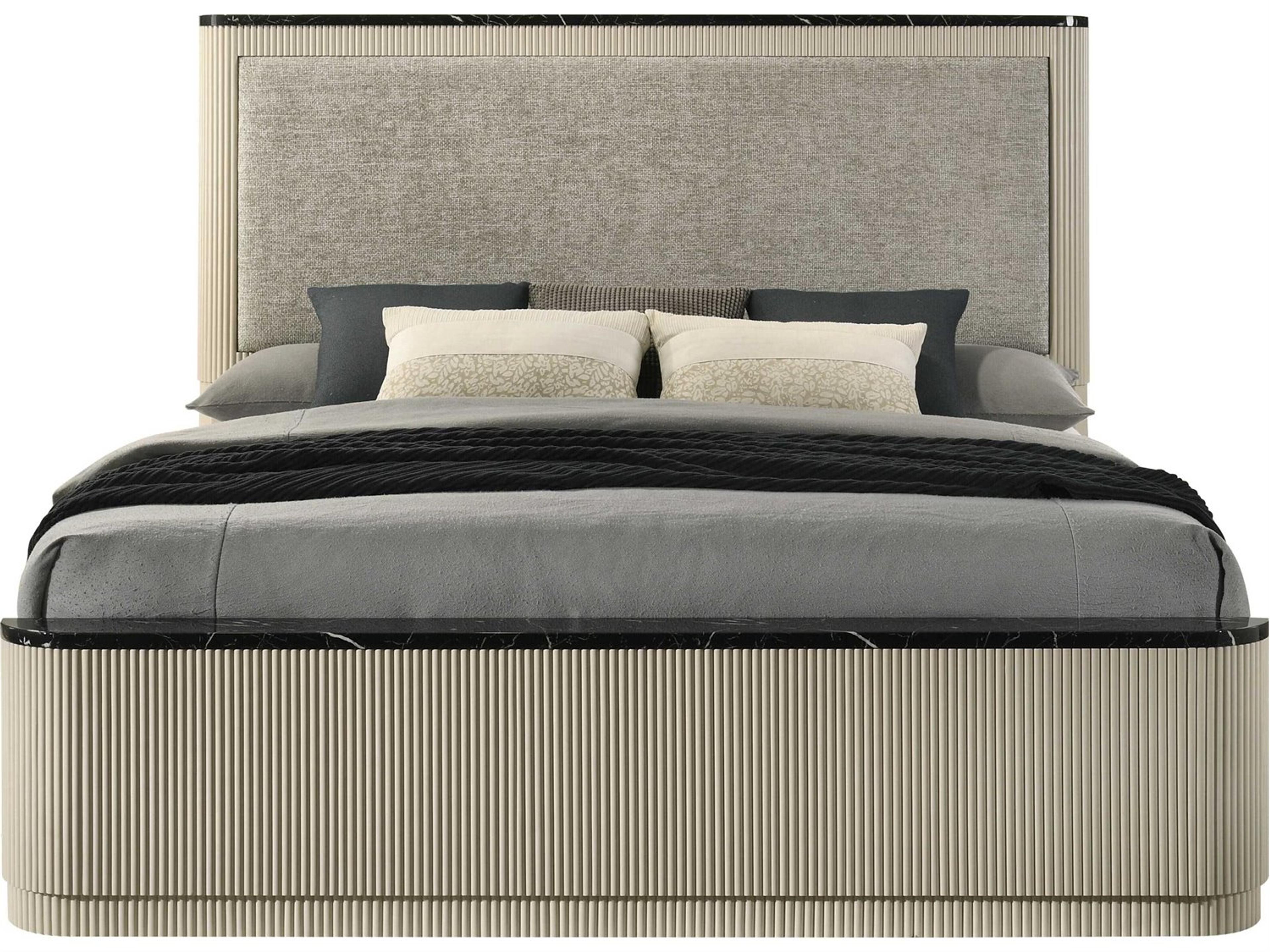 Travonte Gray Linen Beige Rubberwood Upholstered Queen Platform Bed