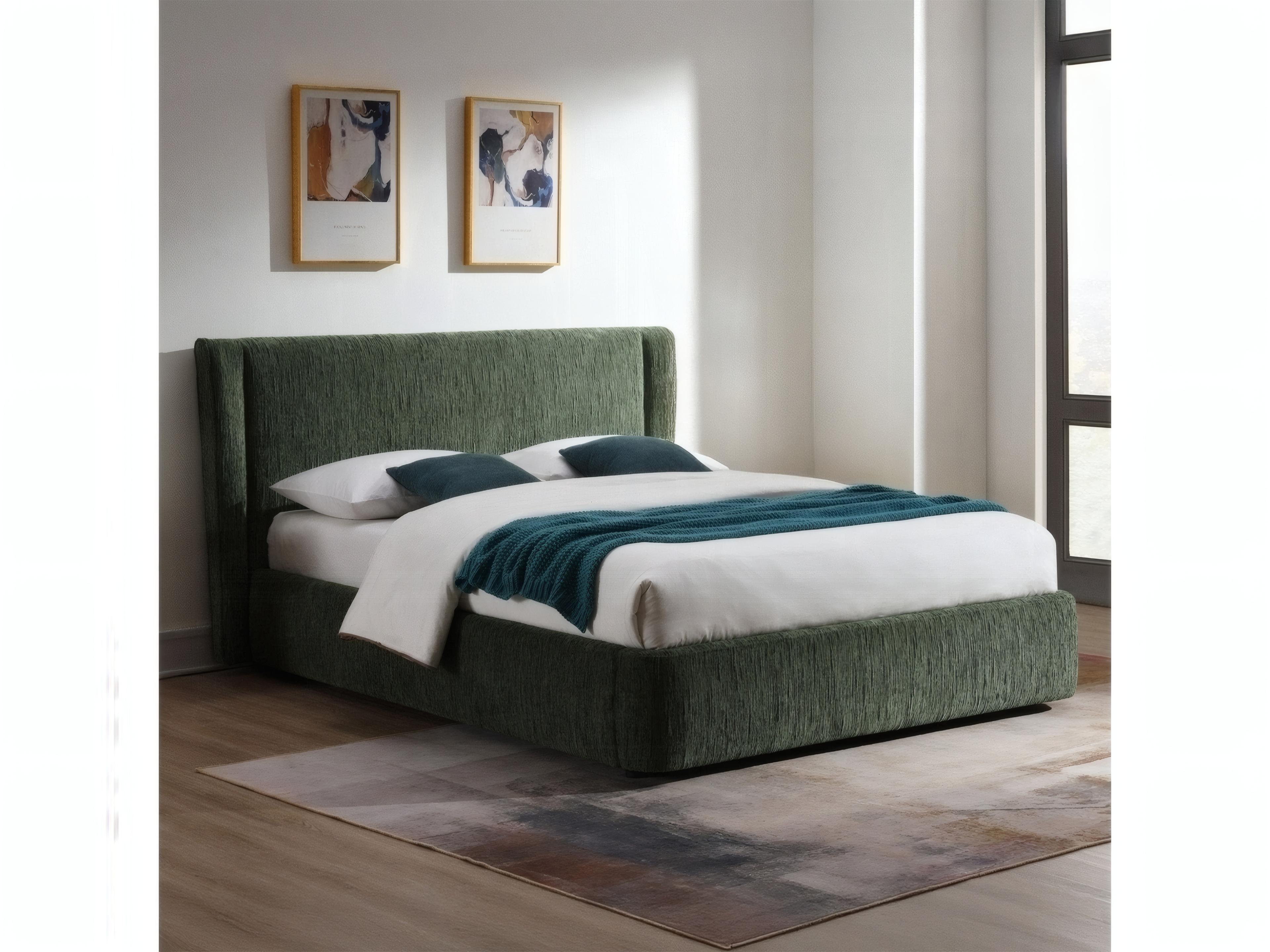Acme Furniture Cheryl Dark Green Chenille Poplar Wood Upholstered Queen Platform Bed