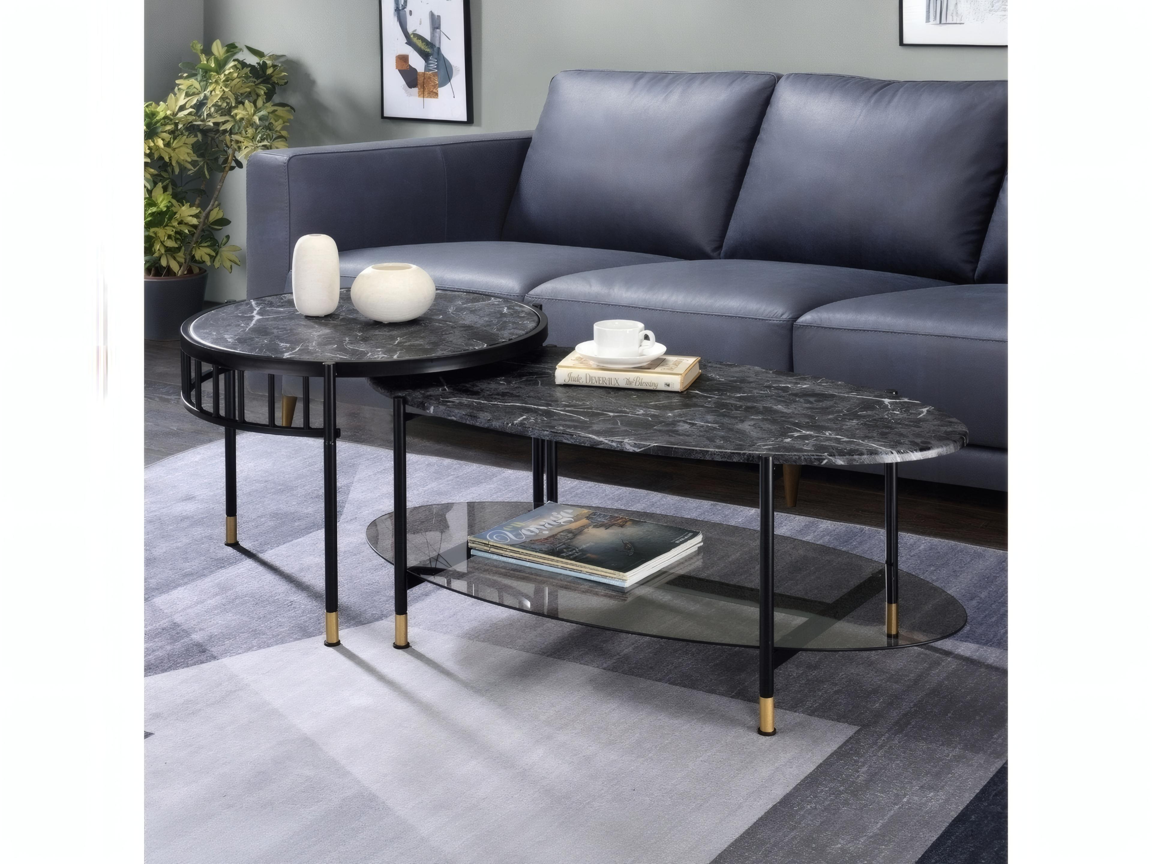 Acme Furniture Rectangular Faux Marble Engineered Stone Top Black Coffee Table