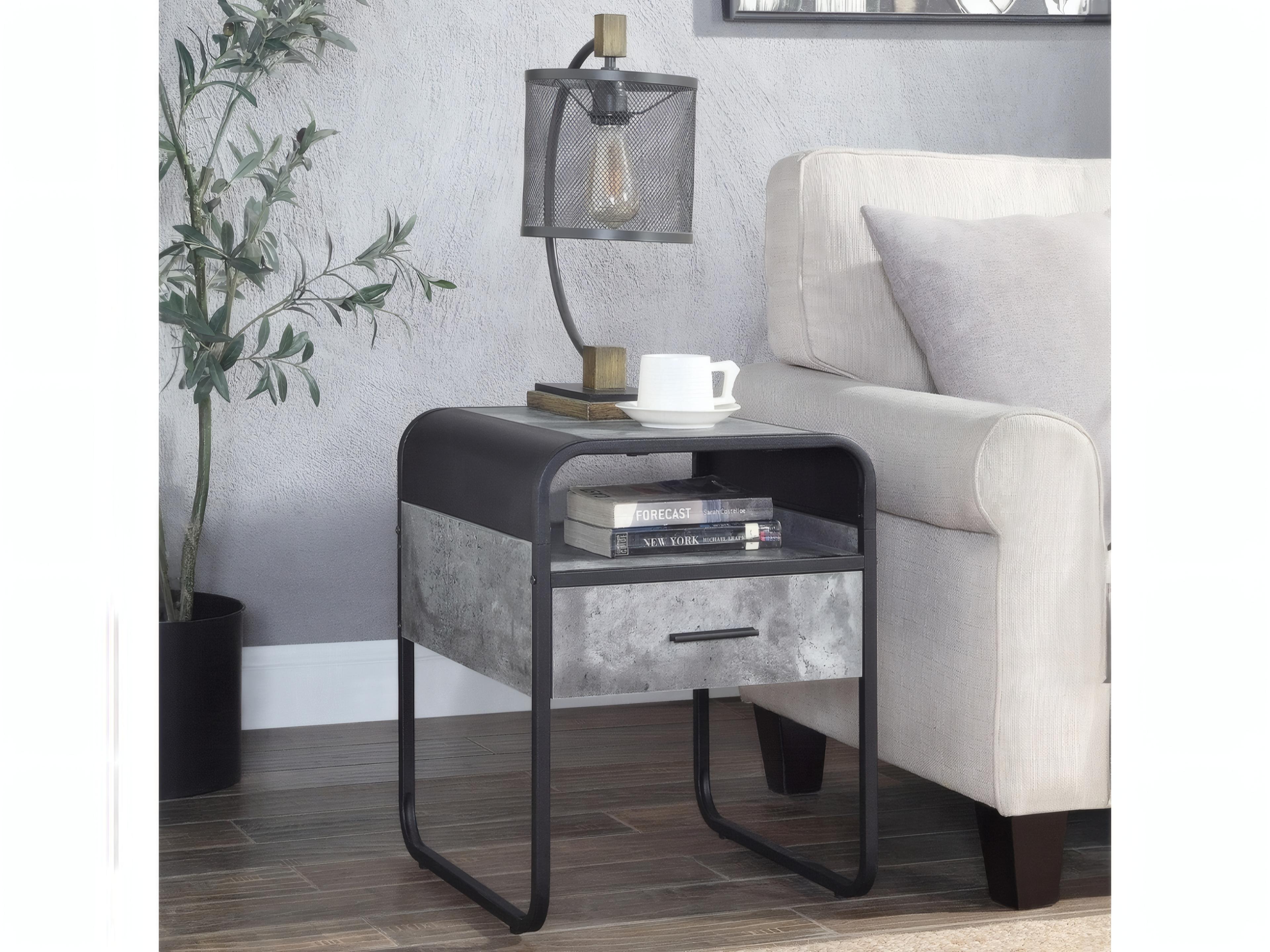 Acme Furniture Raziela Square Wood Concrete Gray Black End Table