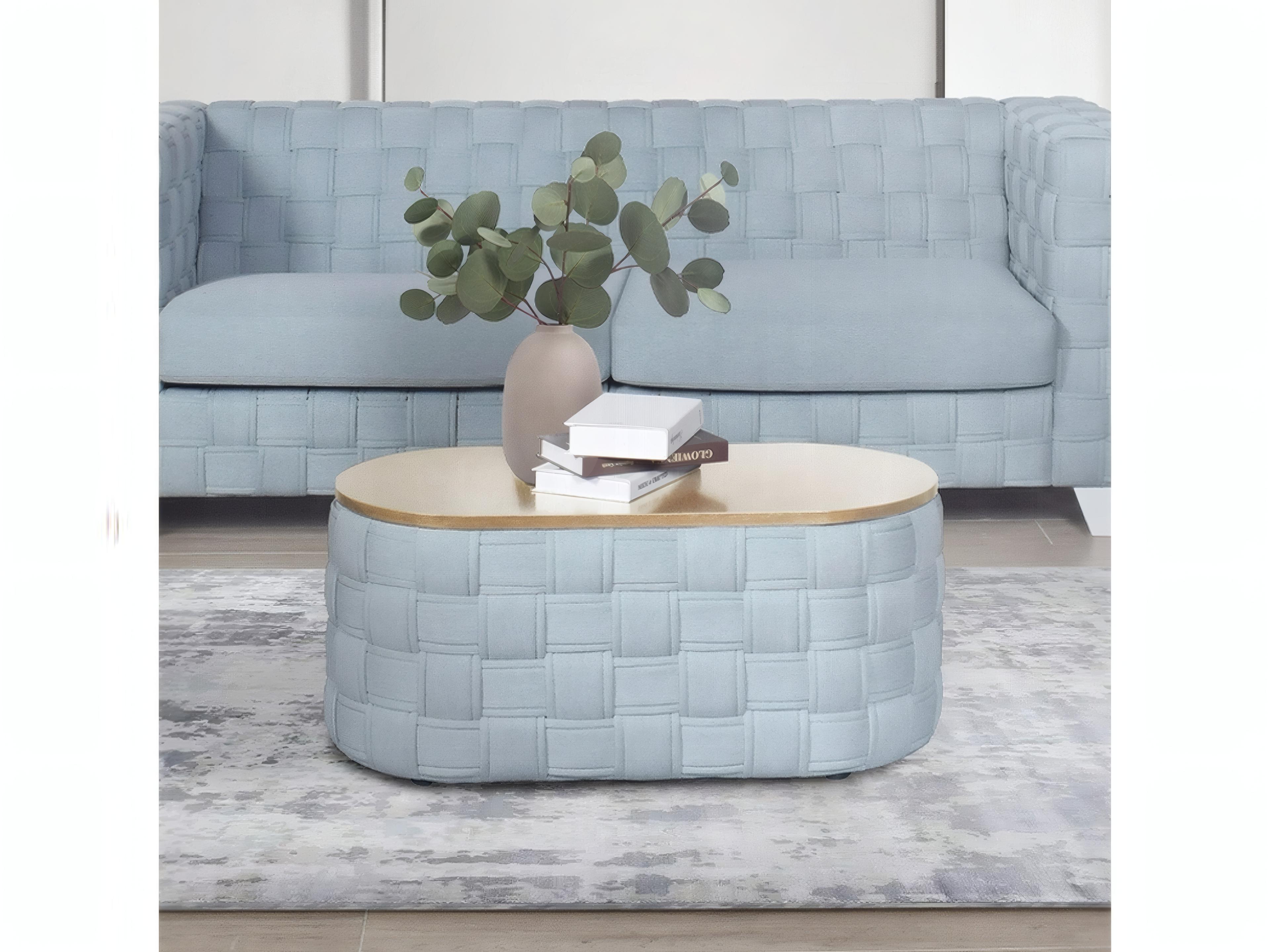 Acme Furniture Saree Oval Wood Light Teal Chenille Coffee Table