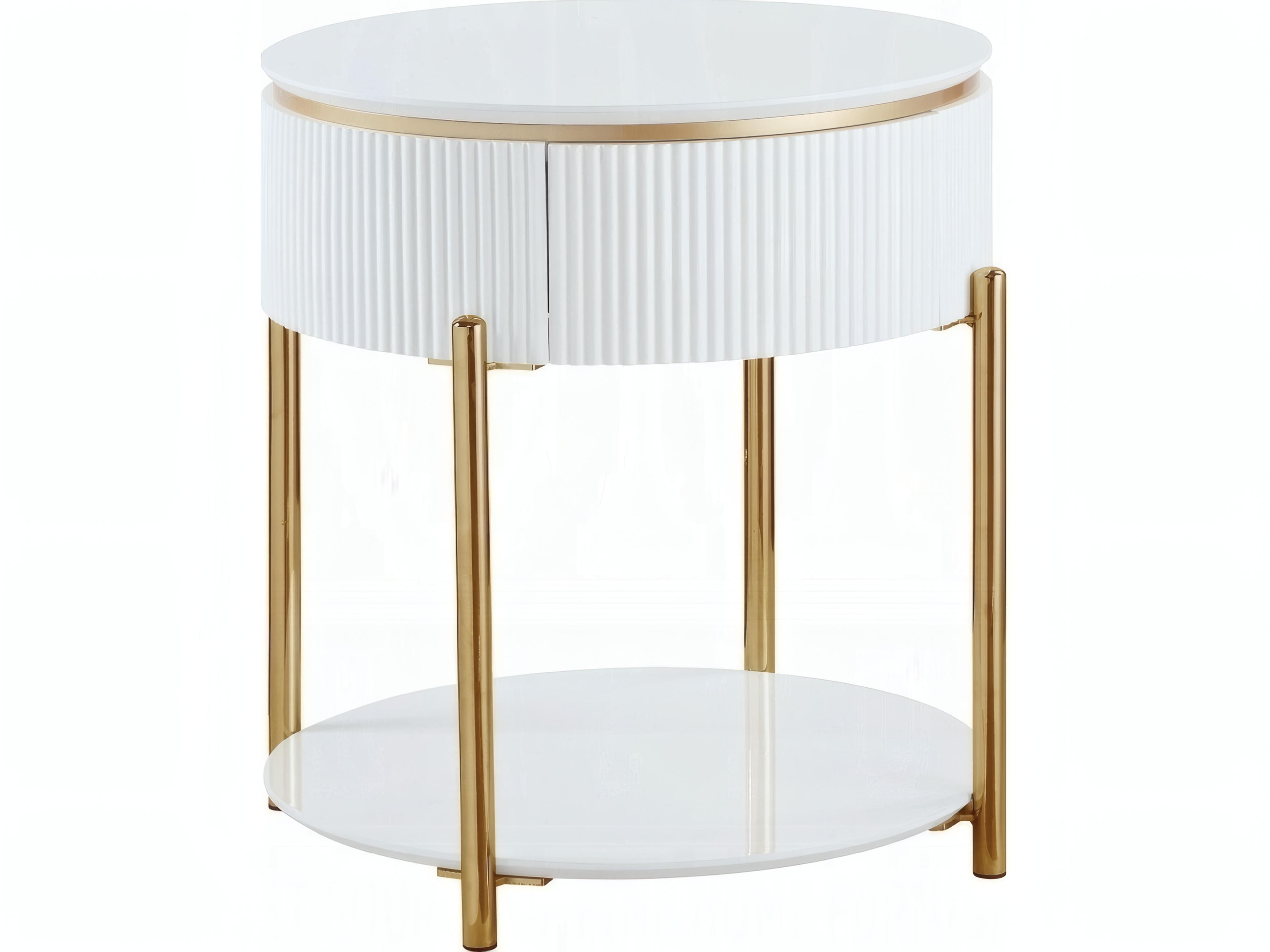 Daveigh Round Wood White High Gloss Gold End Table