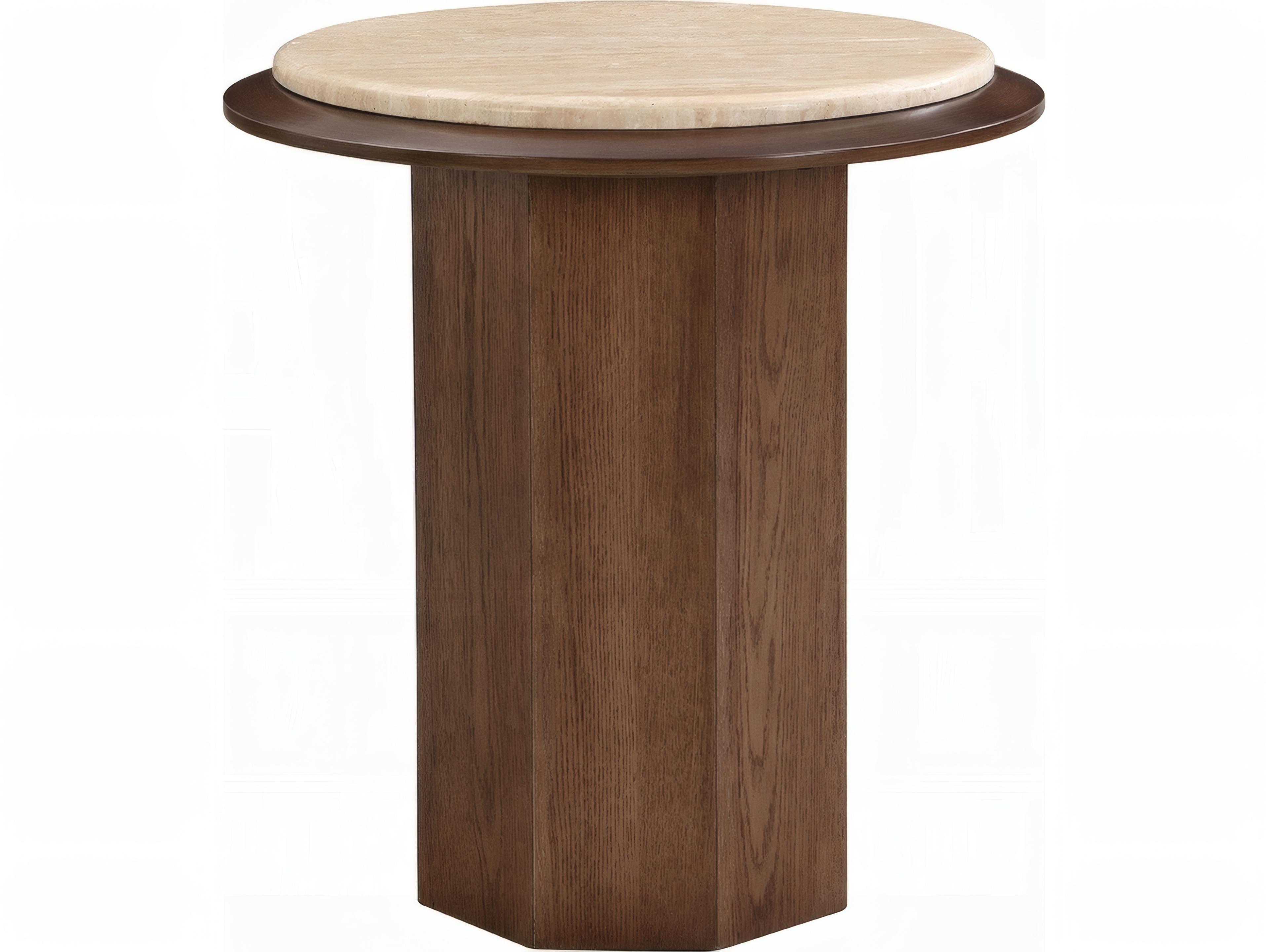 Kasha Round Stone Travertine Top Walnut End Table