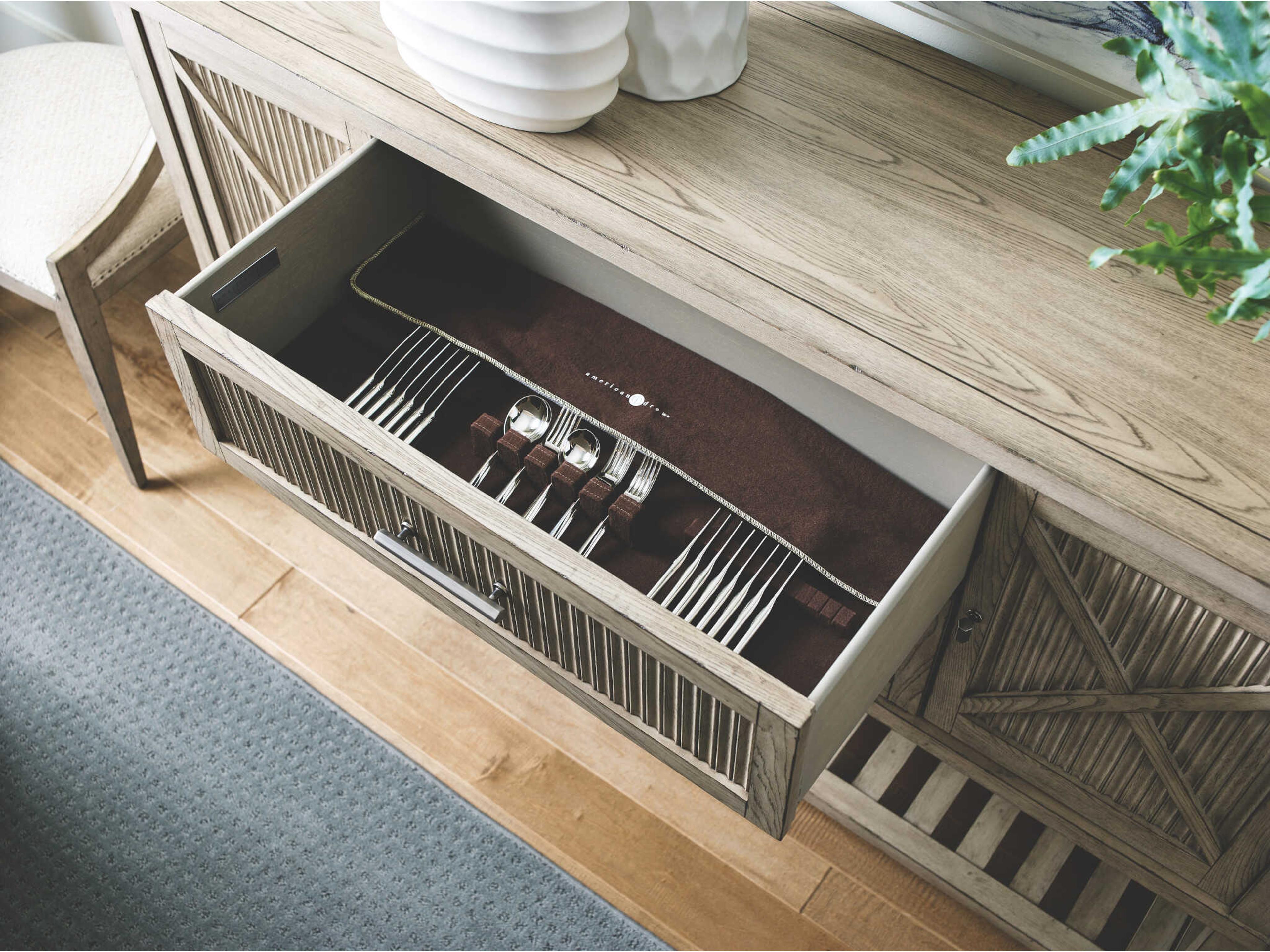 American Drew West Fork Sloan 65" Elm Wood Aged Taupe Sideboard