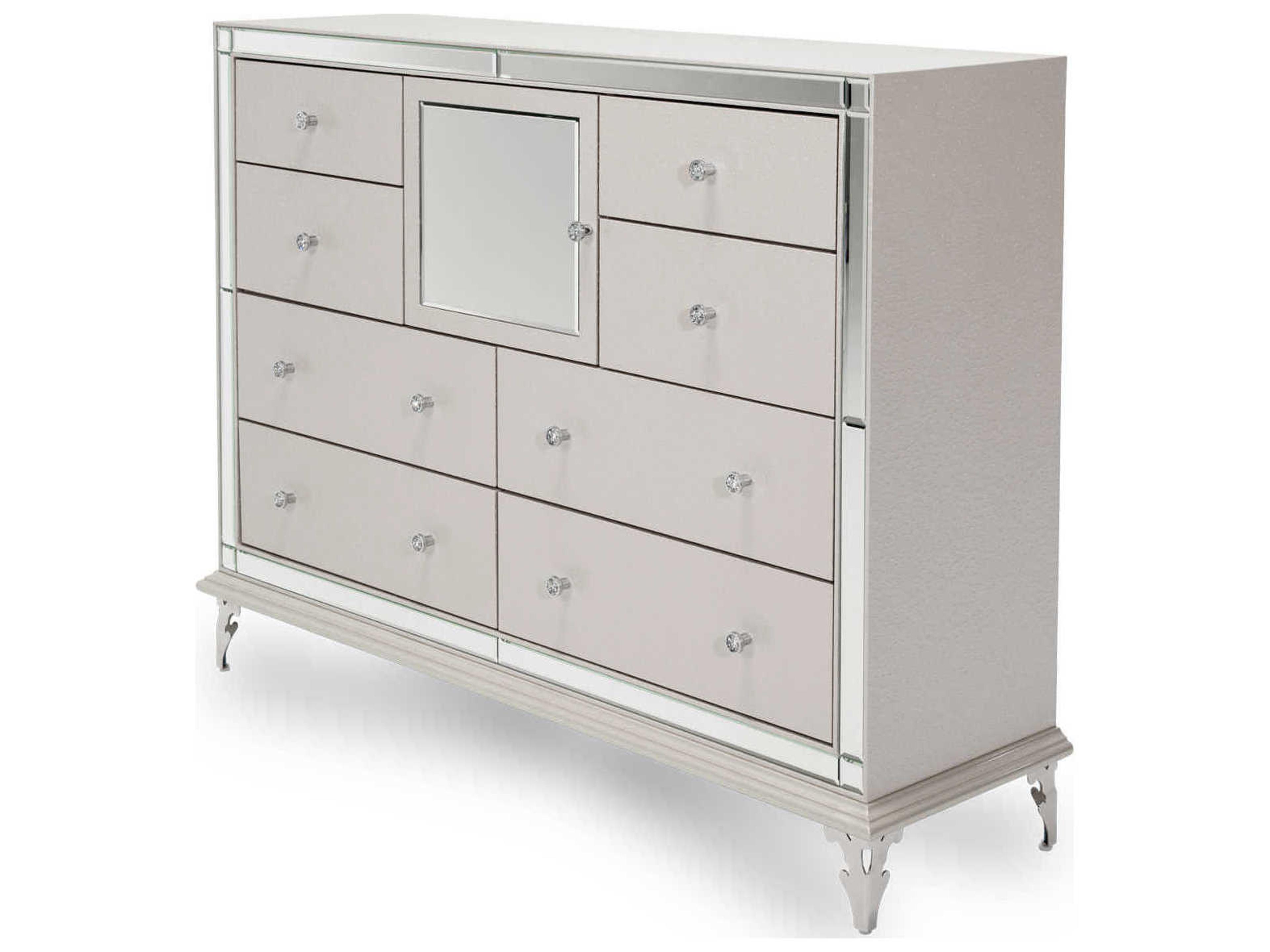Hollywood Loft Upholstered Dresser with Mirrored Door in Frost Finish