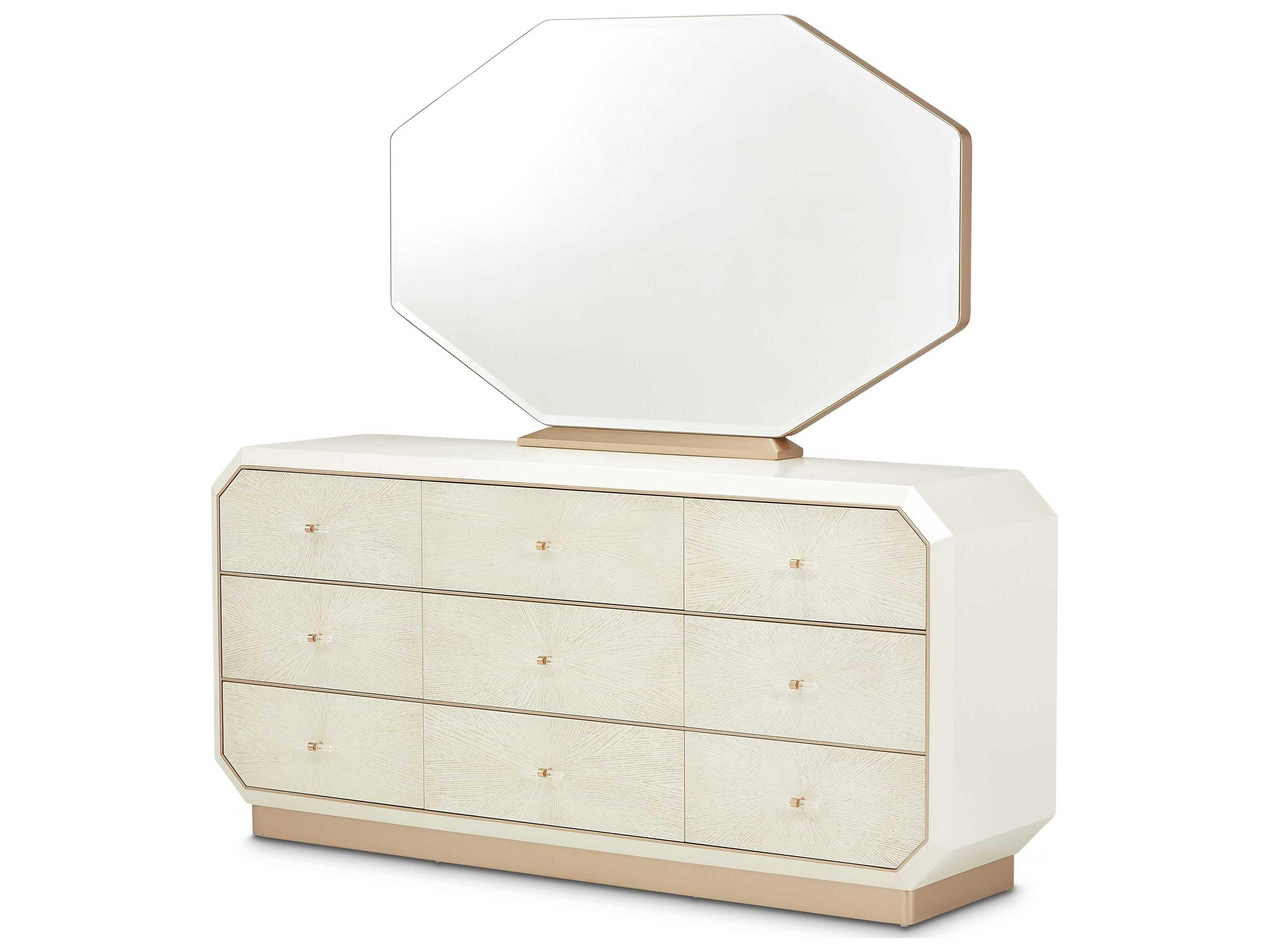 Gilded 9-Drawers White Birch Wood Triple Dresser with Mirror