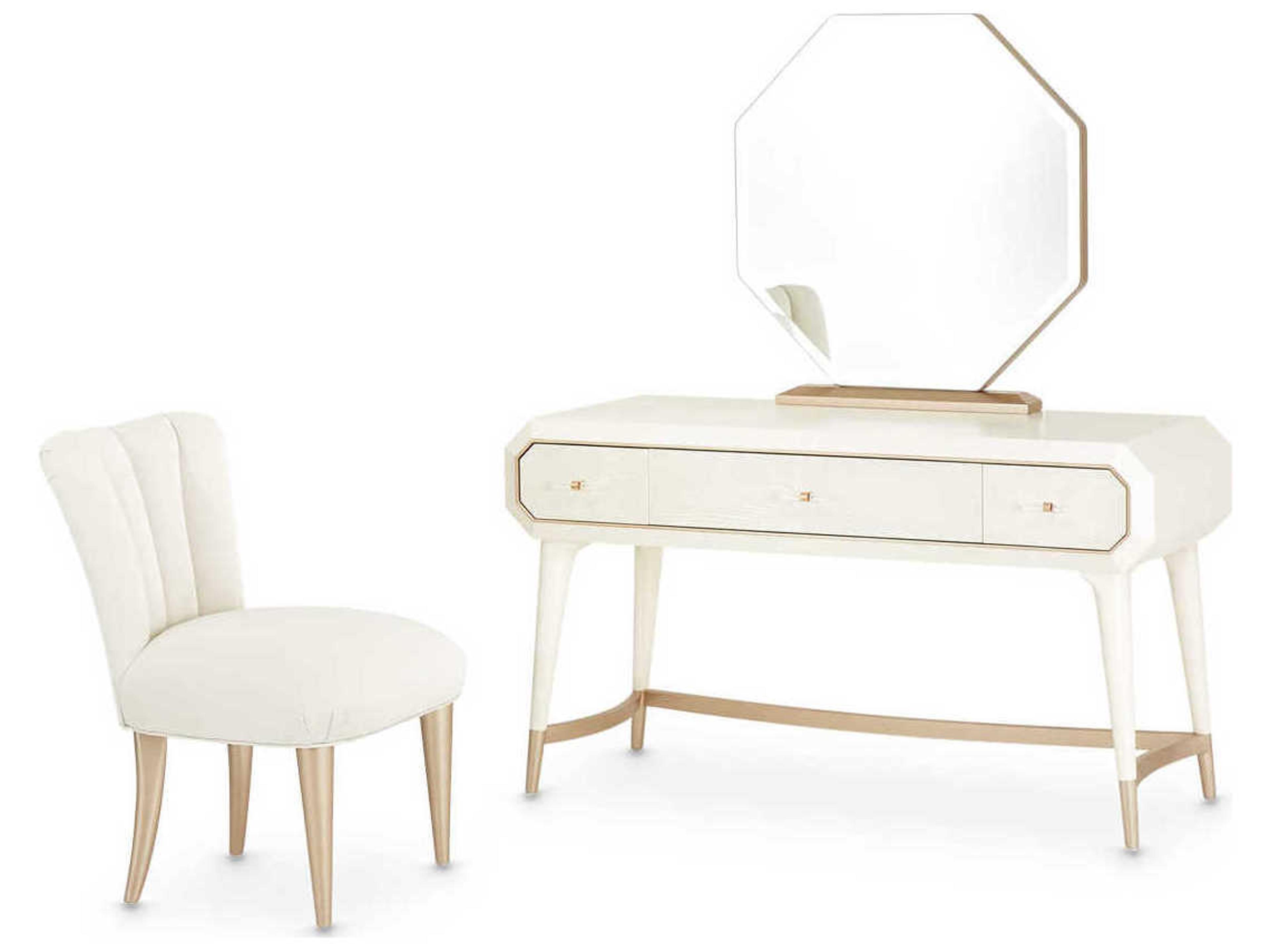 Gilded Champagne Birch Wood Vanity Table with Mirror & Chair