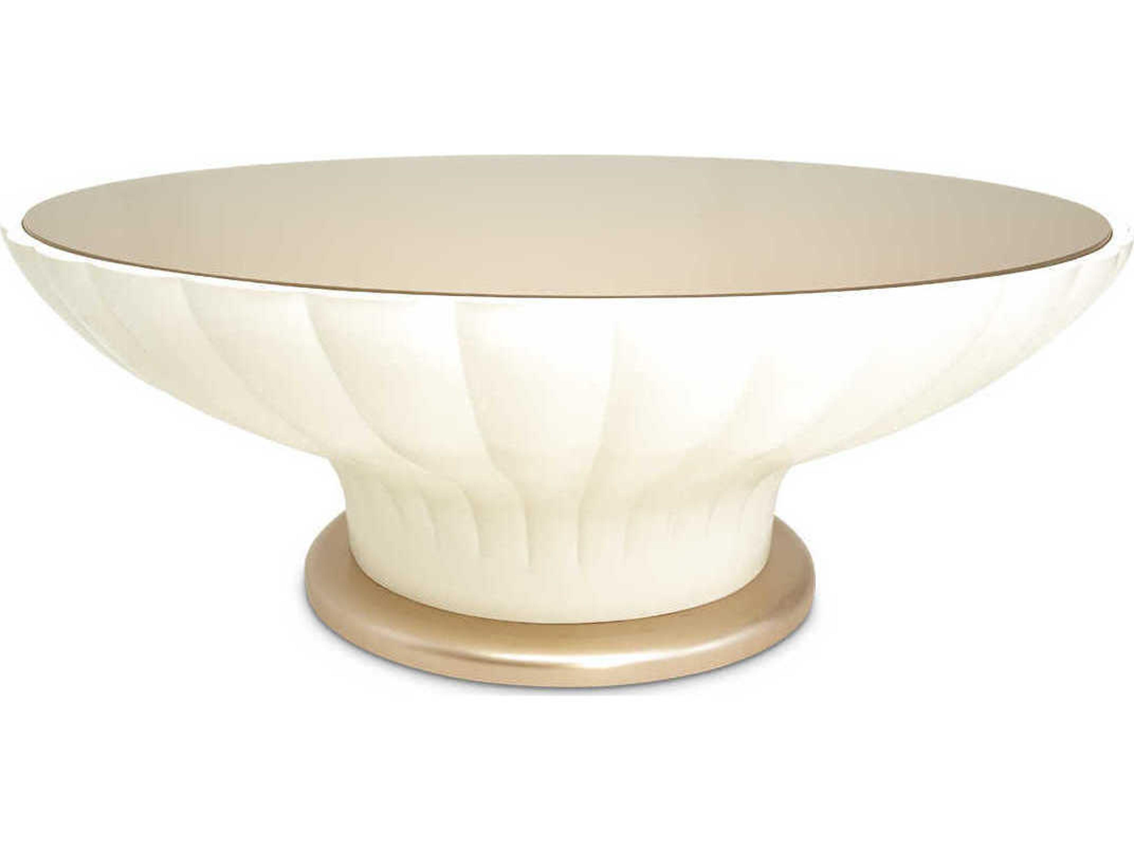 La Rachelle Round Scalloped Cocktail Table in Medium Champagne with Painted Glass Top