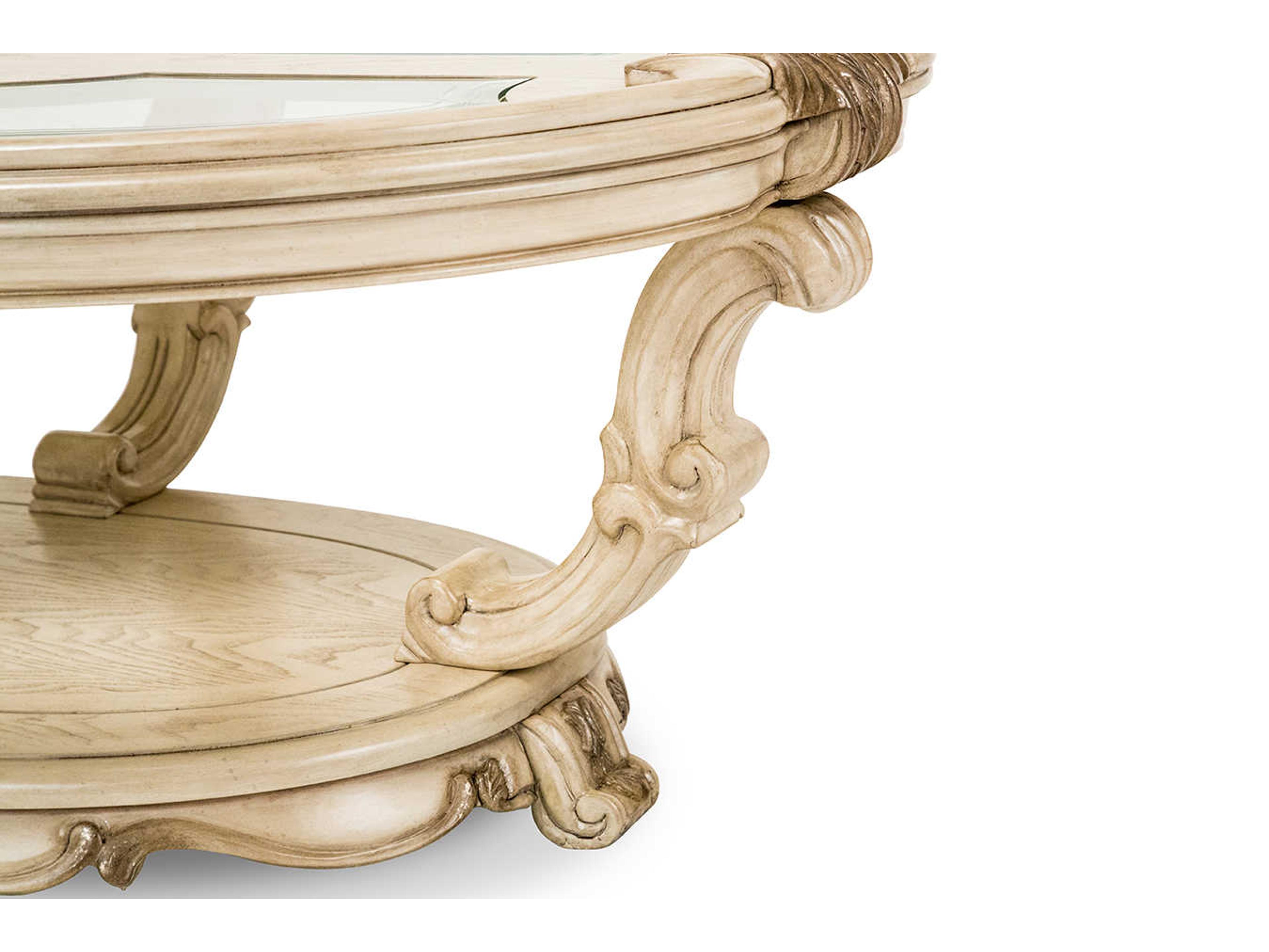 Michael Amini Platine De Royale Oval Glass Champagne Antique Platinum Cocktail Table