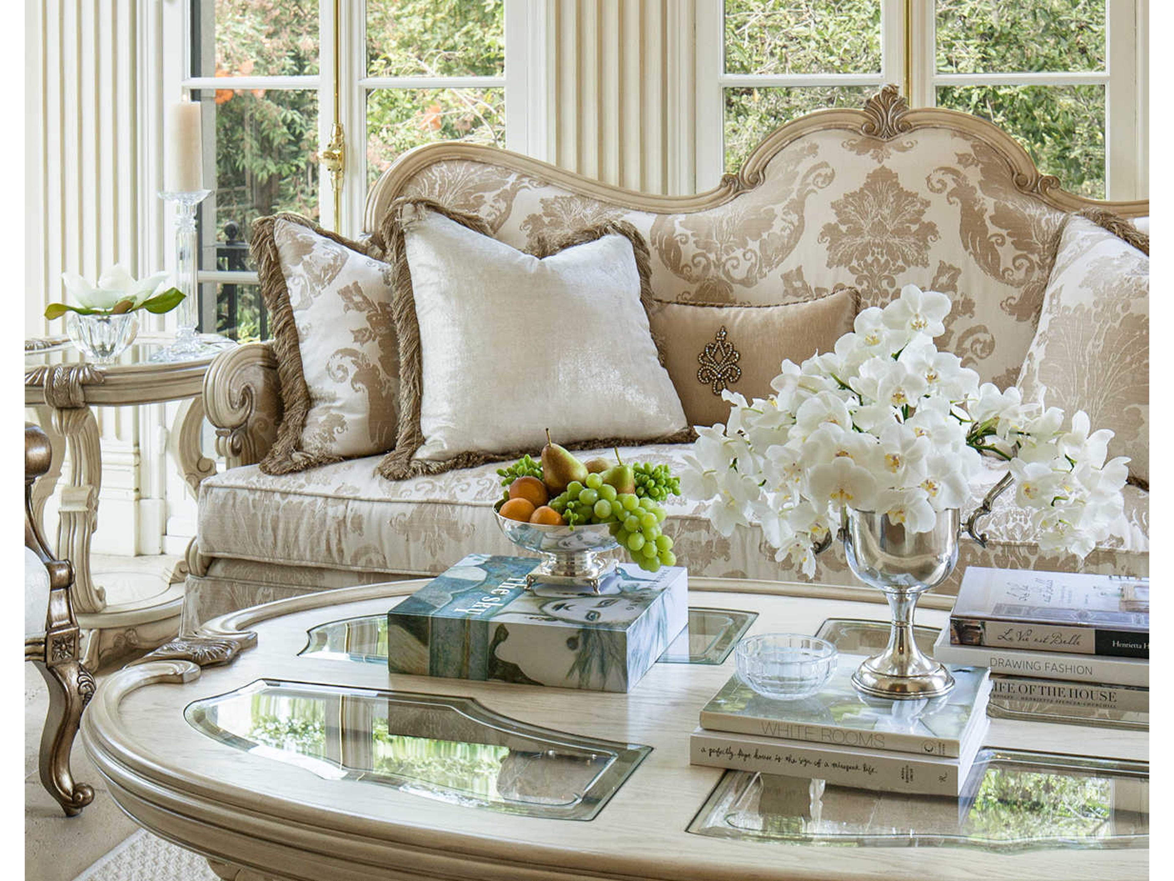 Michael Amini Platine De Royale Oval Glass Champagne Antique Platinum Cocktail Table