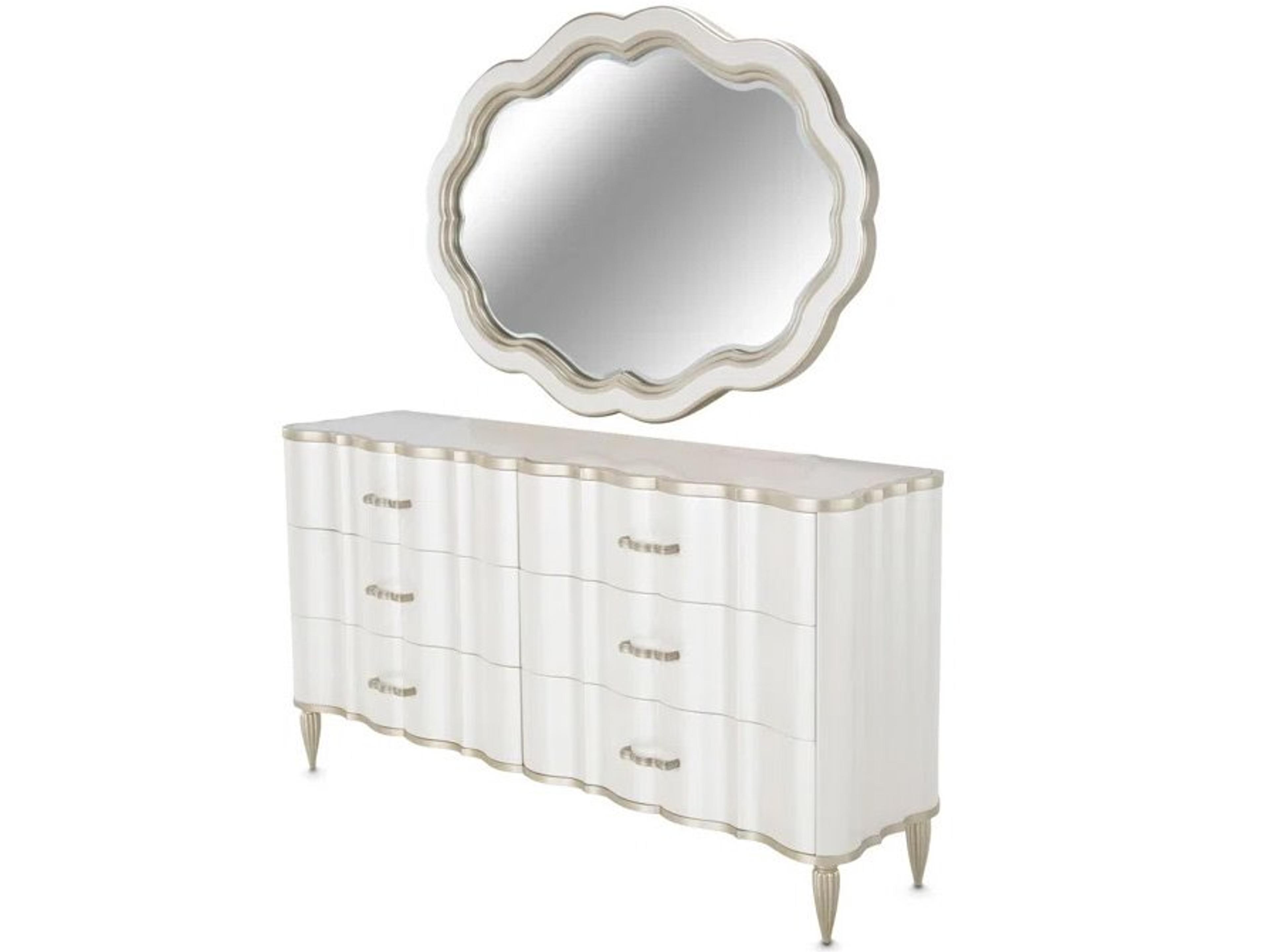 London Place 6-Drawers White Poplar Wood Double Dresser With Mirror Set