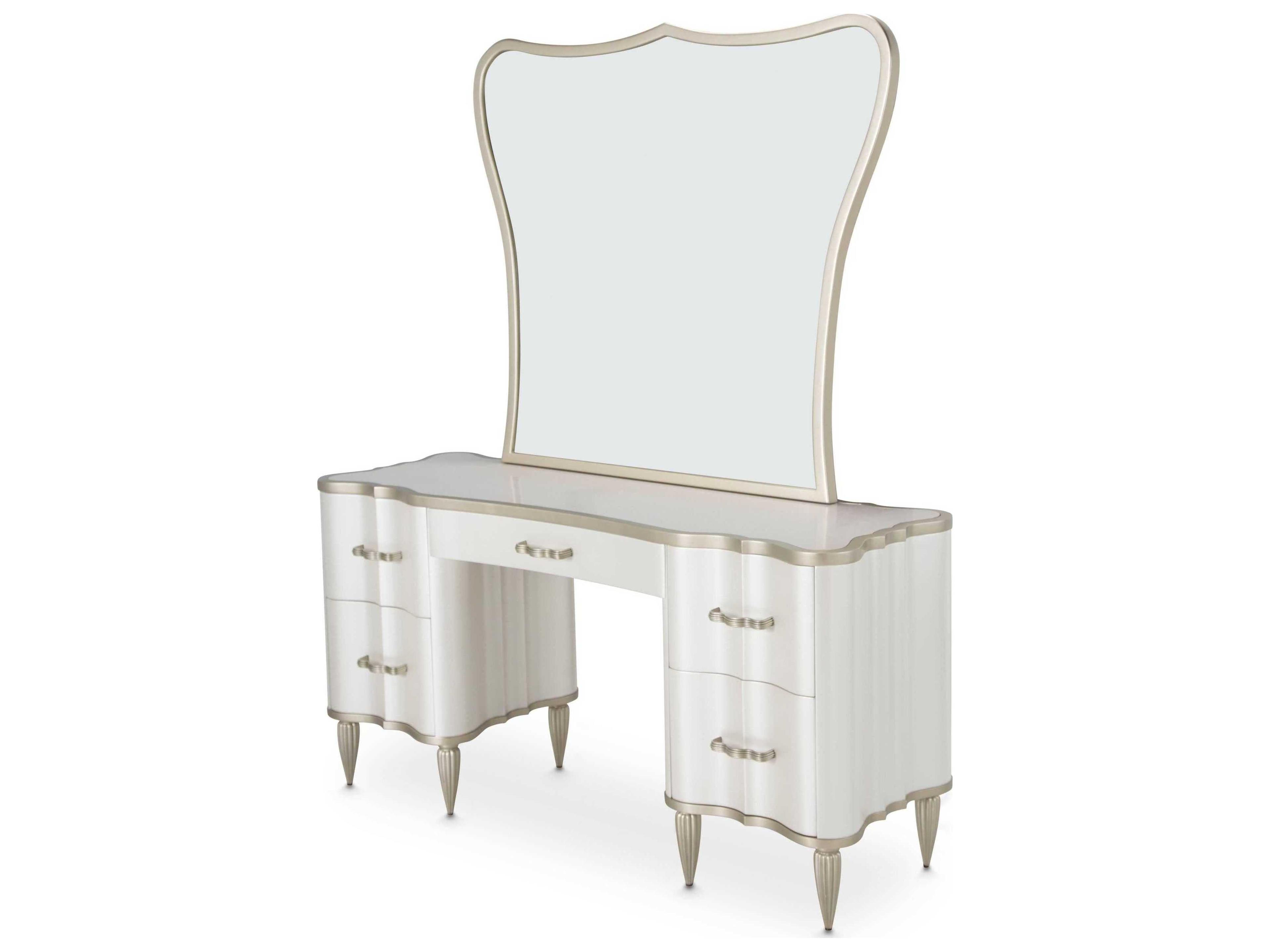 Gilded Creamy Pearl Poplar Wood Vanity Table with Mirror