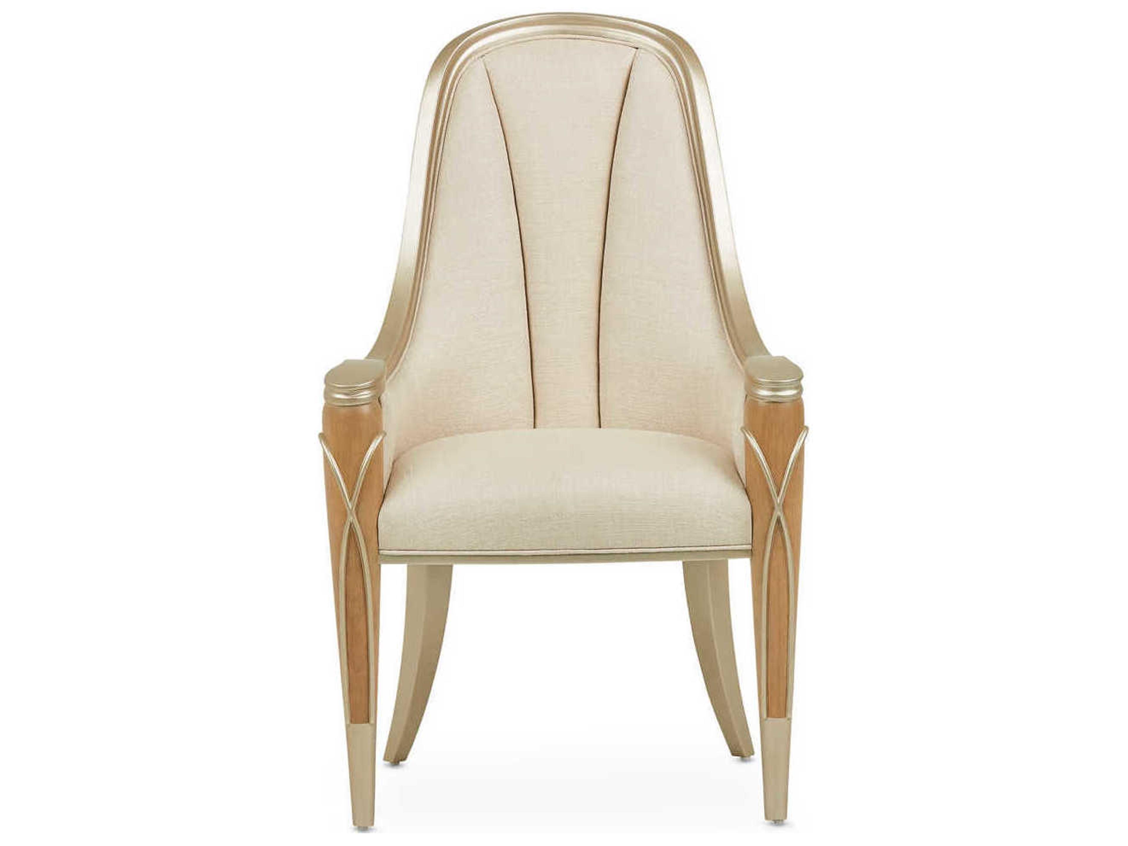 Michael Amini Villa Cherie Caramel Birch Wood Beige Upholstered Arm Dining Chair