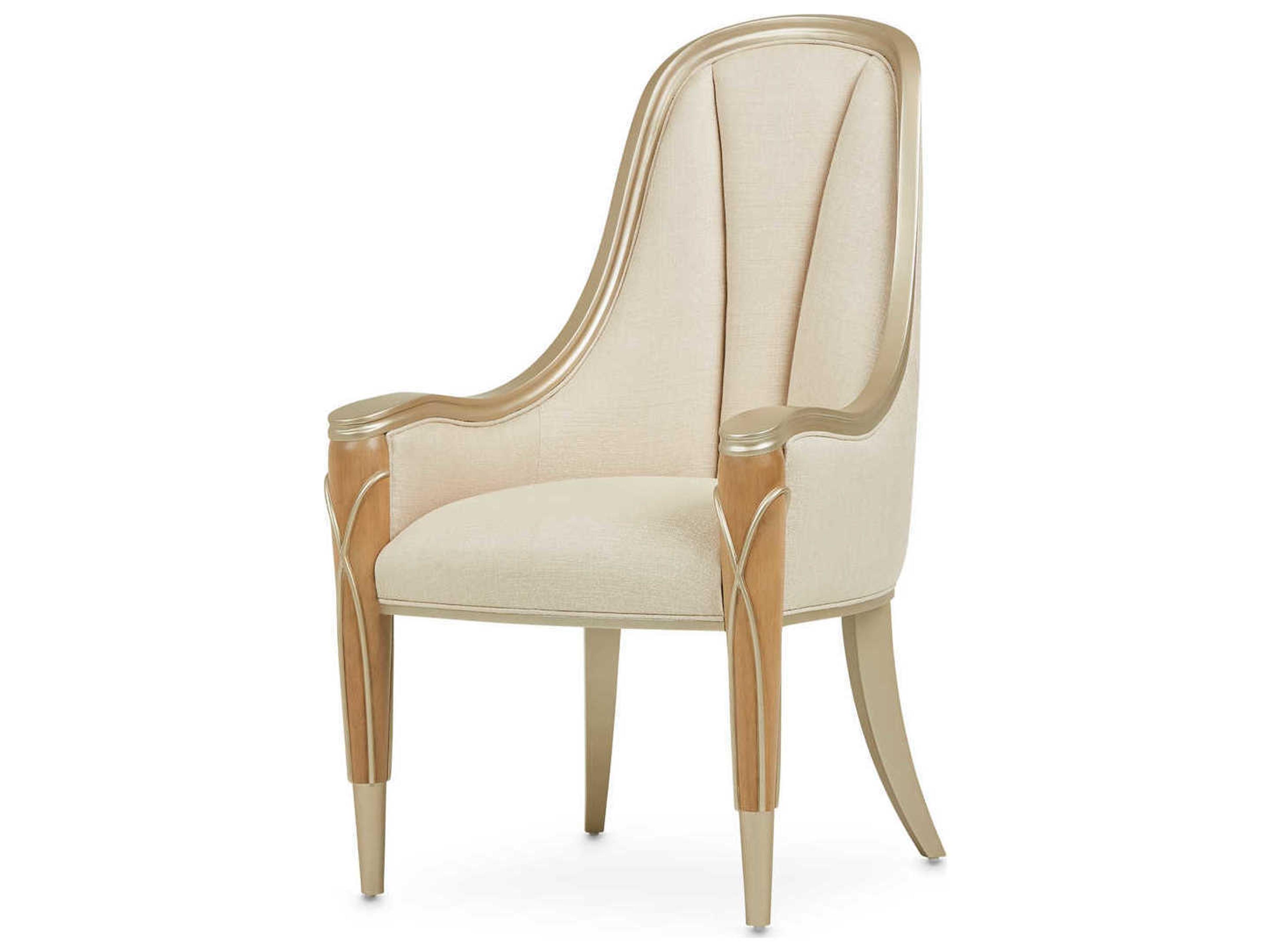 Michael Amini Villa Cherie Caramel Birch Wood Beige Upholstered Arm Dining Chair