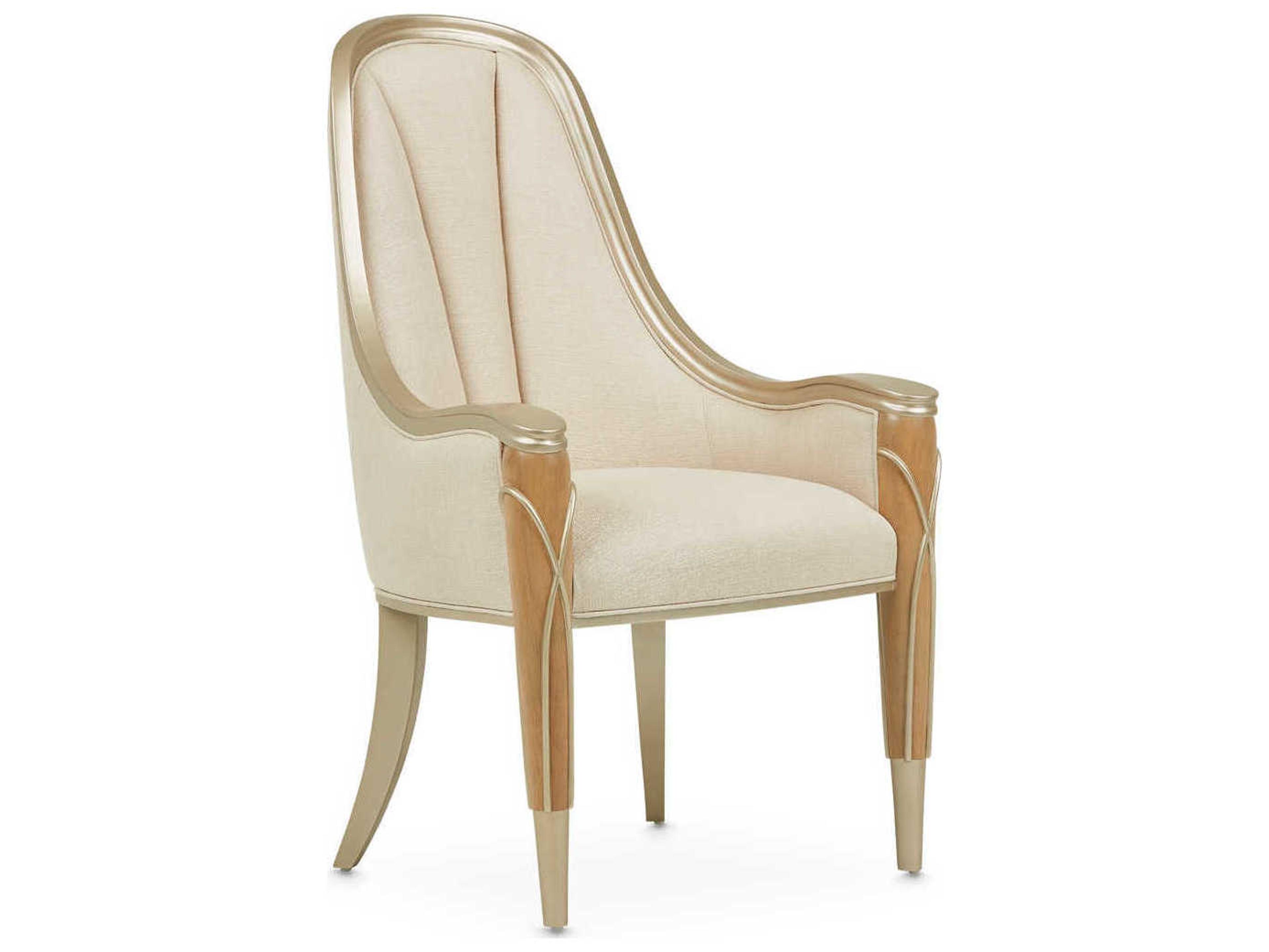 Michael Amini Villa Cherie Caramel Birch Wood Beige Upholstered Arm Dining Chair