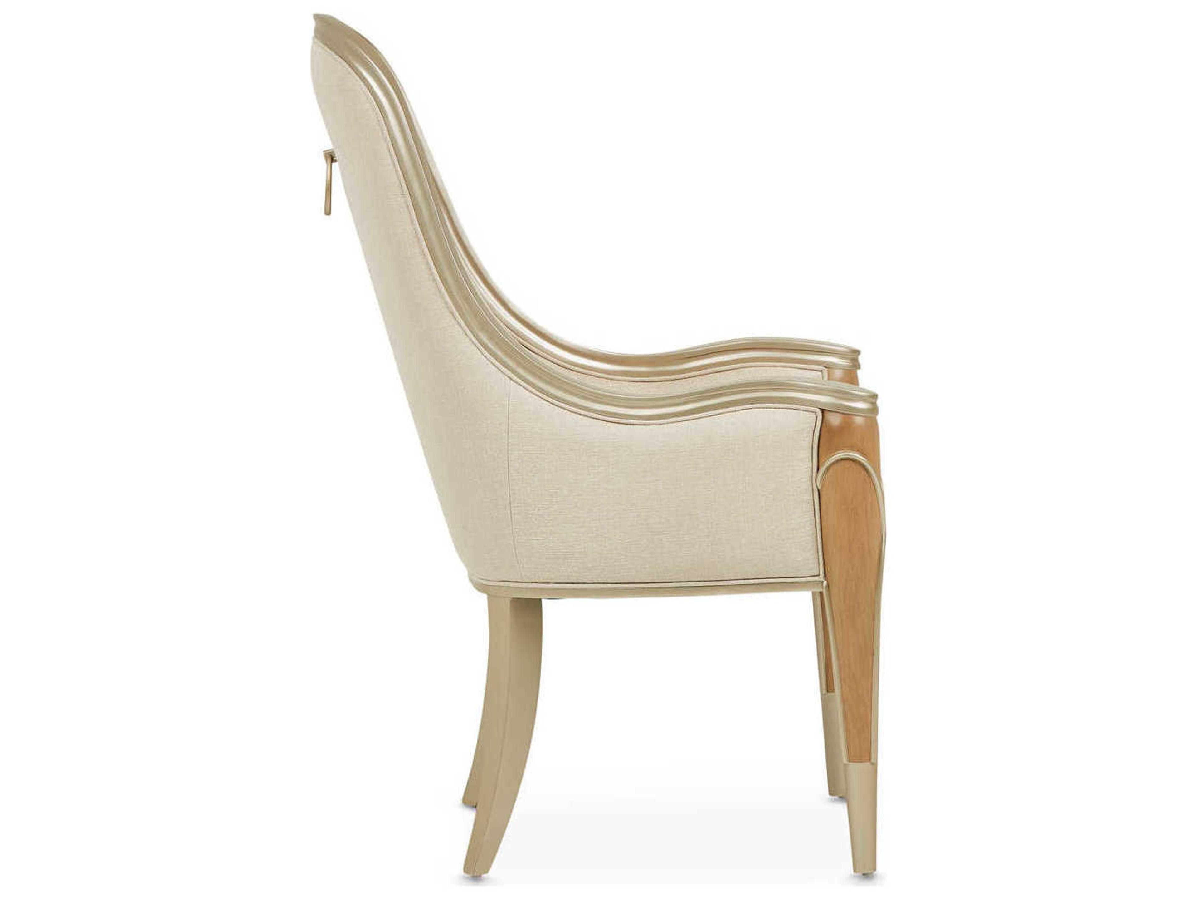 Michael Amini Villa Cherie Caramel Birch Wood Beige Upholstered Arm Dining Chair