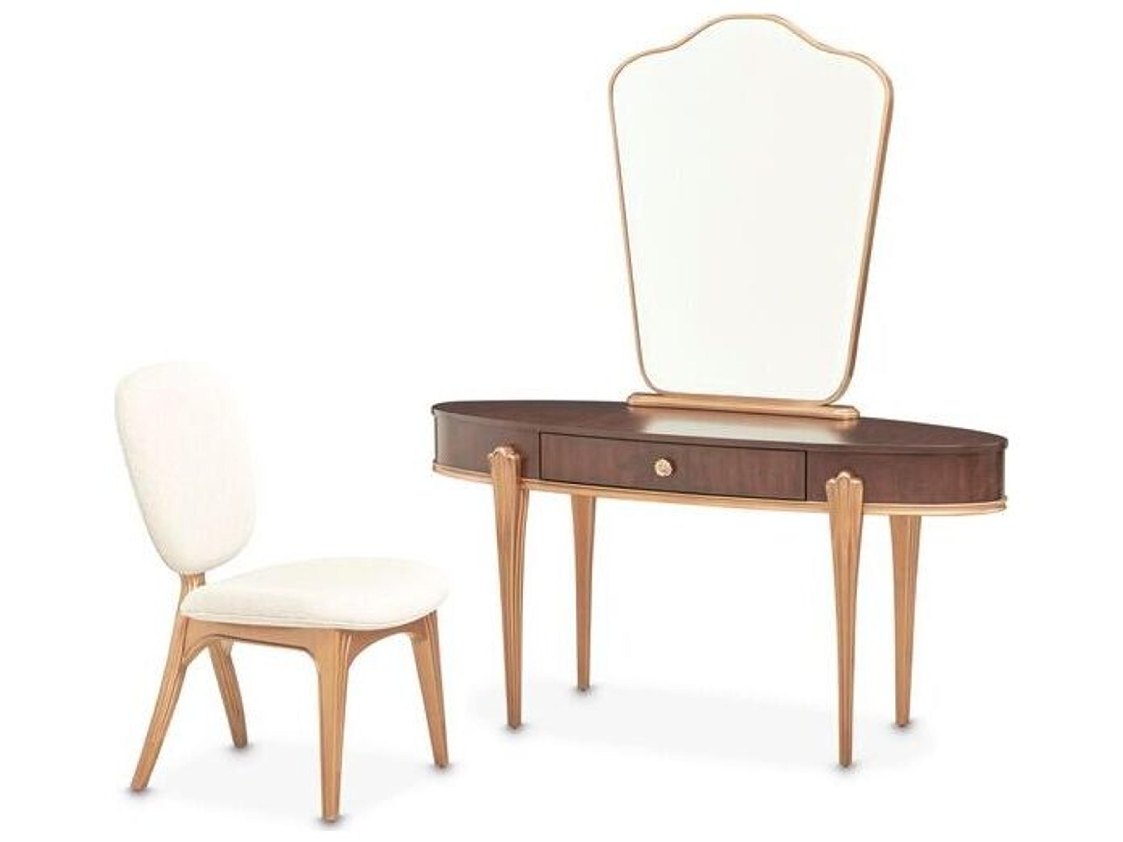 Camellia Field Warm Pecan Poplar Wood Vanity Table with Mirror and Chair
