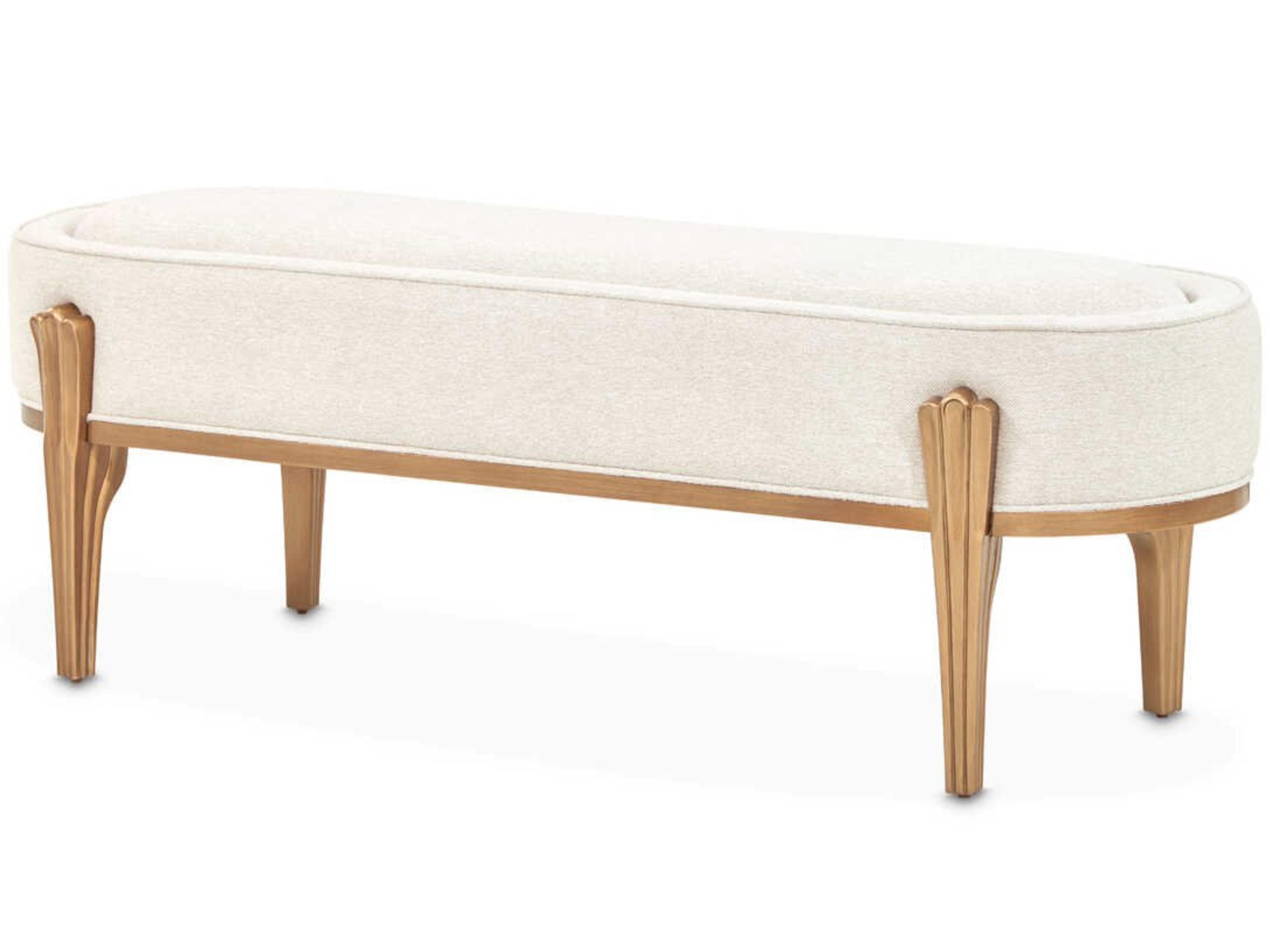 Camellia Field Warm Pecan Linen Antique Gold Beige Upholstered Accent Bench