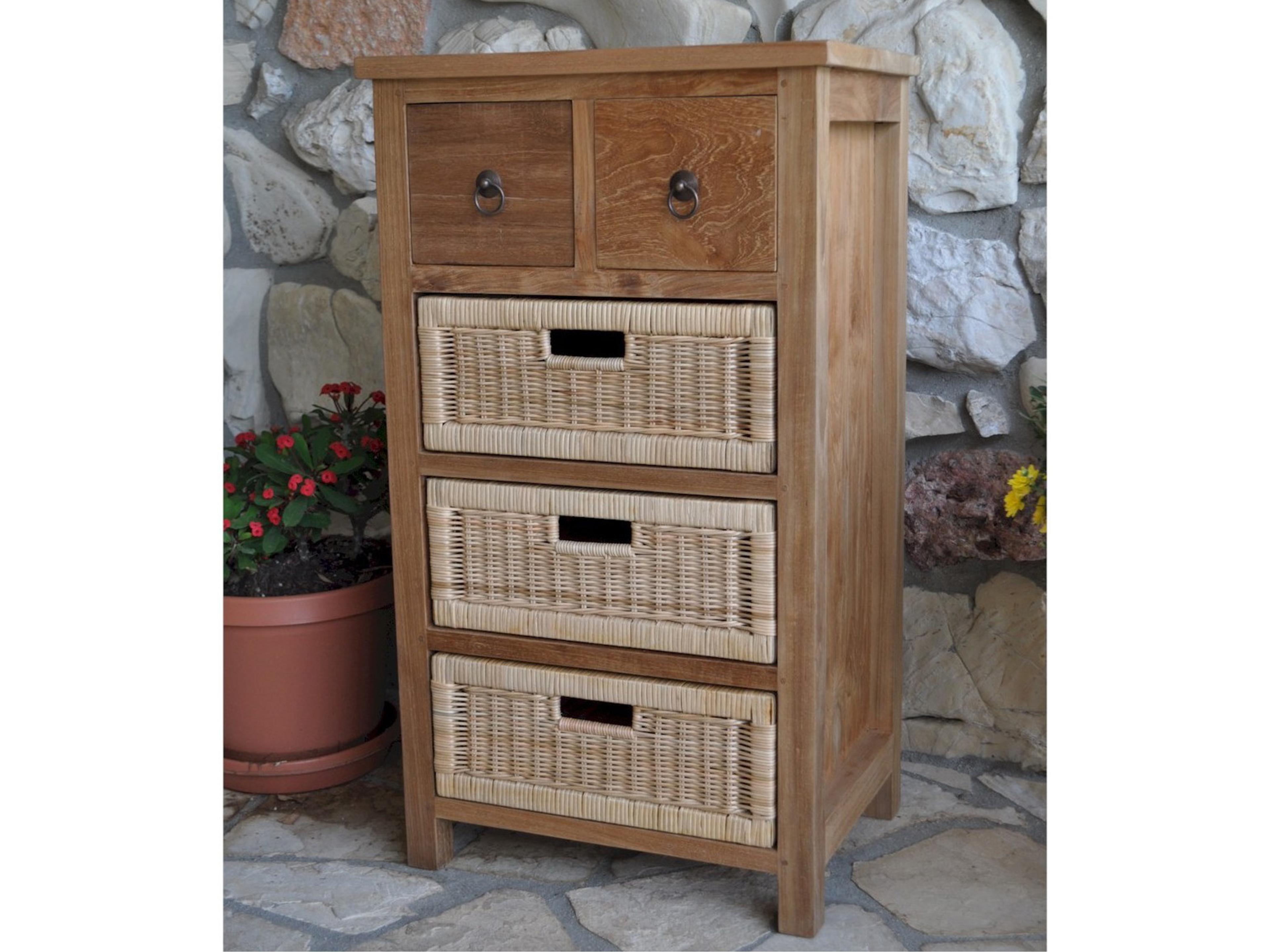 Anderson Teak Safari Occasional Table with Drawer & Rattan Baskets