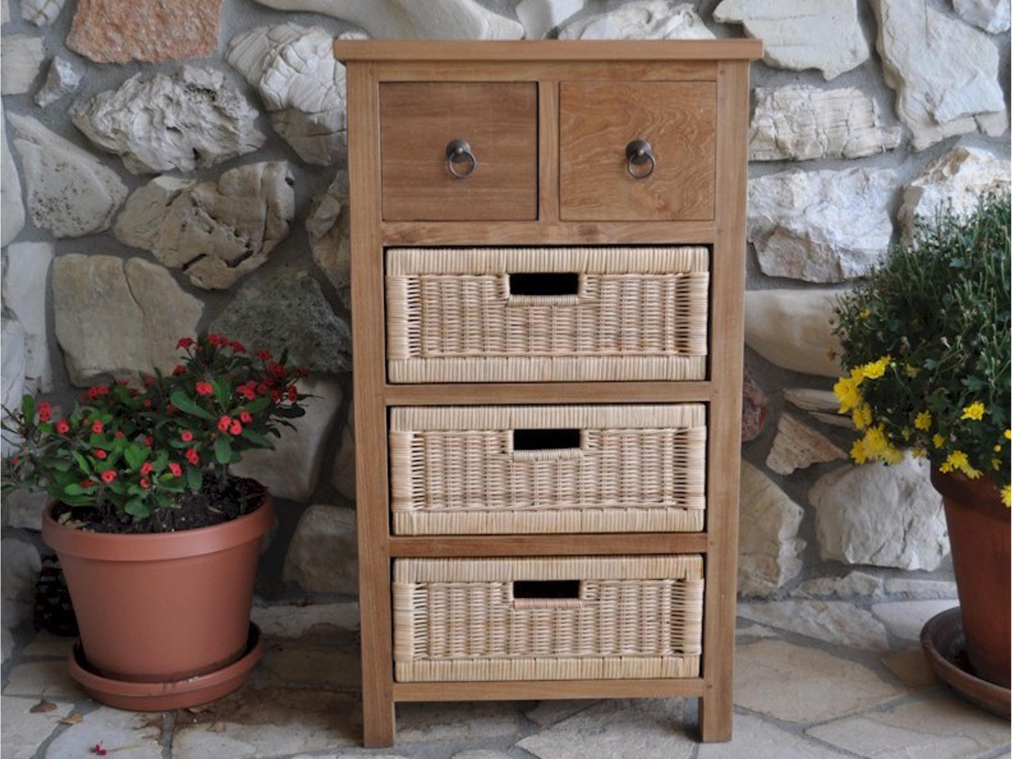 Anderson Teak Safari Occasional Table with Drawer & Rattan Baskets