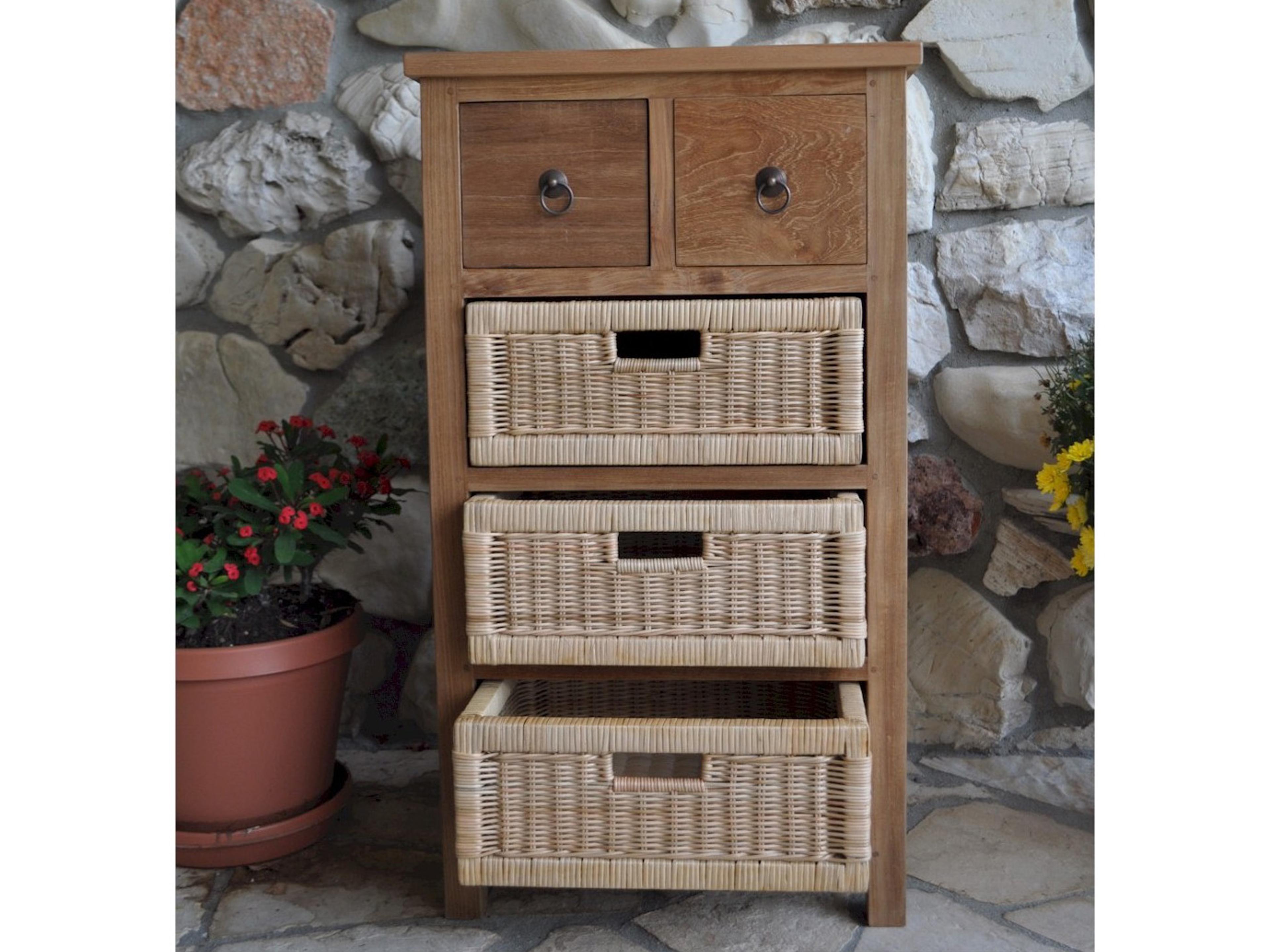 Anderson Teak Safari Occasional Table with Drawer & Rattan Baskets