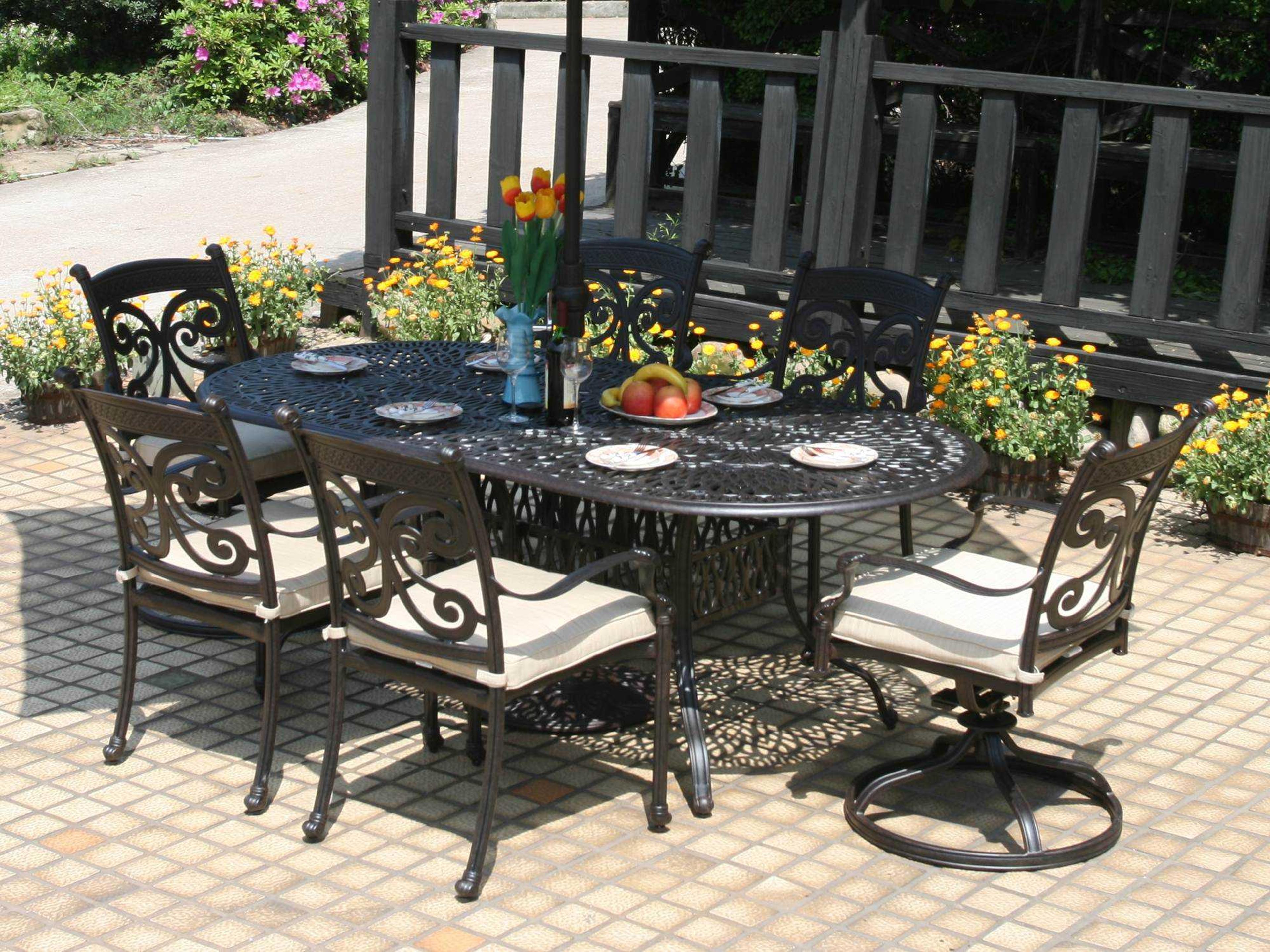 Alfresco Home Farfalla Cushion Cast Aluminum 84 Oval Outdoor Dining Set in Antique Wine Finish