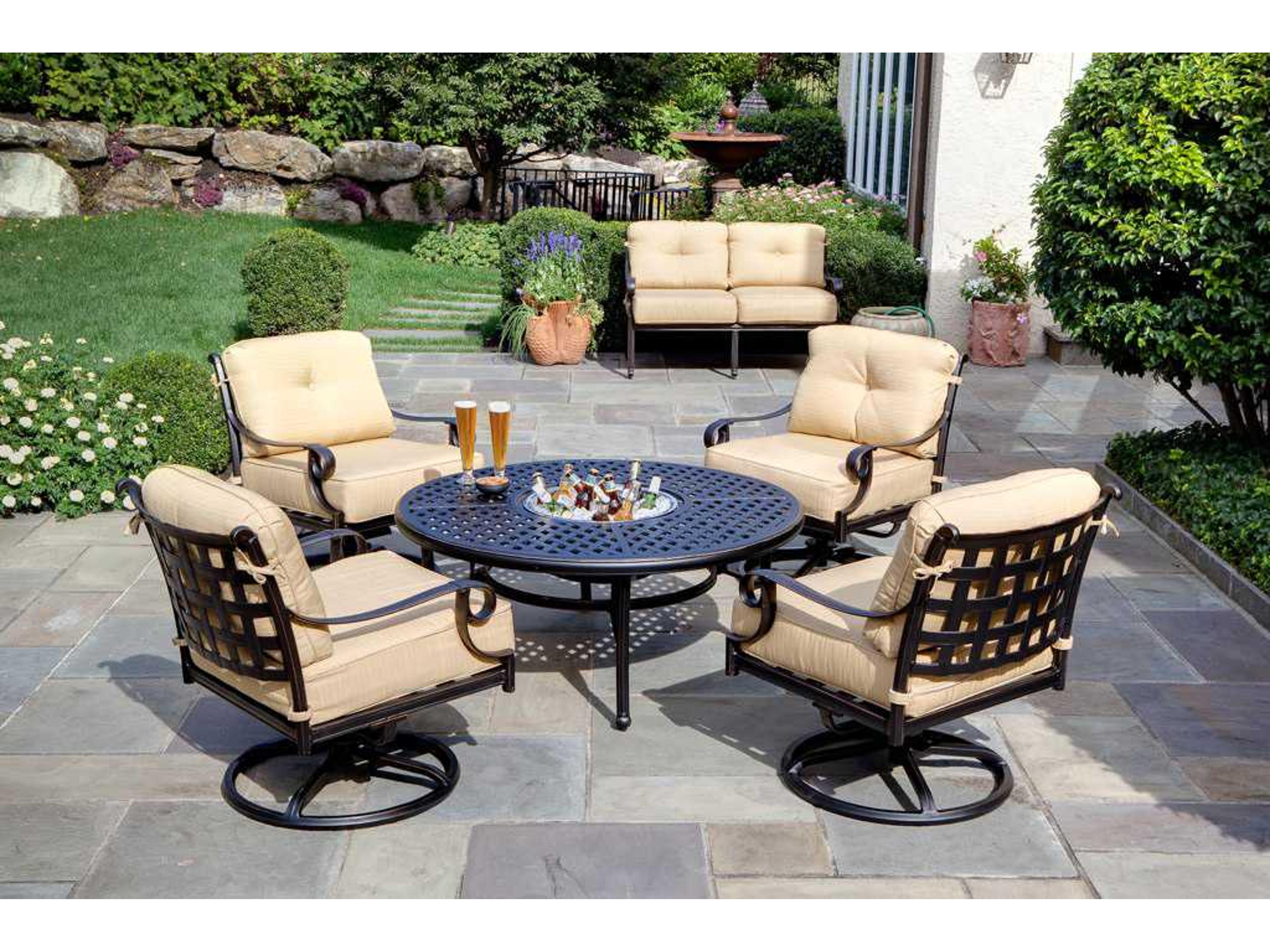 Alfresco Home Chateau Cushion Cast Aluminum 52Fire Pit Chat Patio Lounge Set