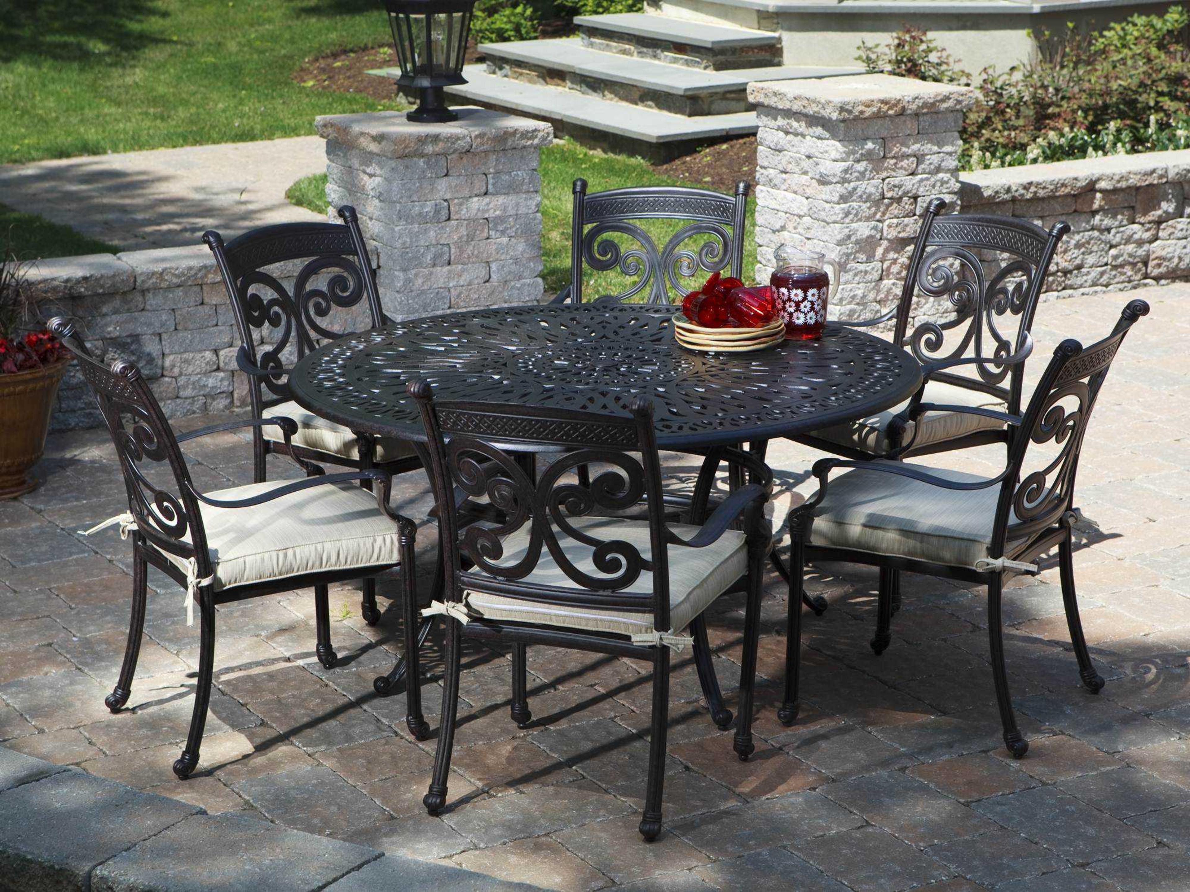 Alfresco Home Farfalla Cushion Cast Aluminum 60 Round Outdoor Patio Dining Set in Antique Wine Finish