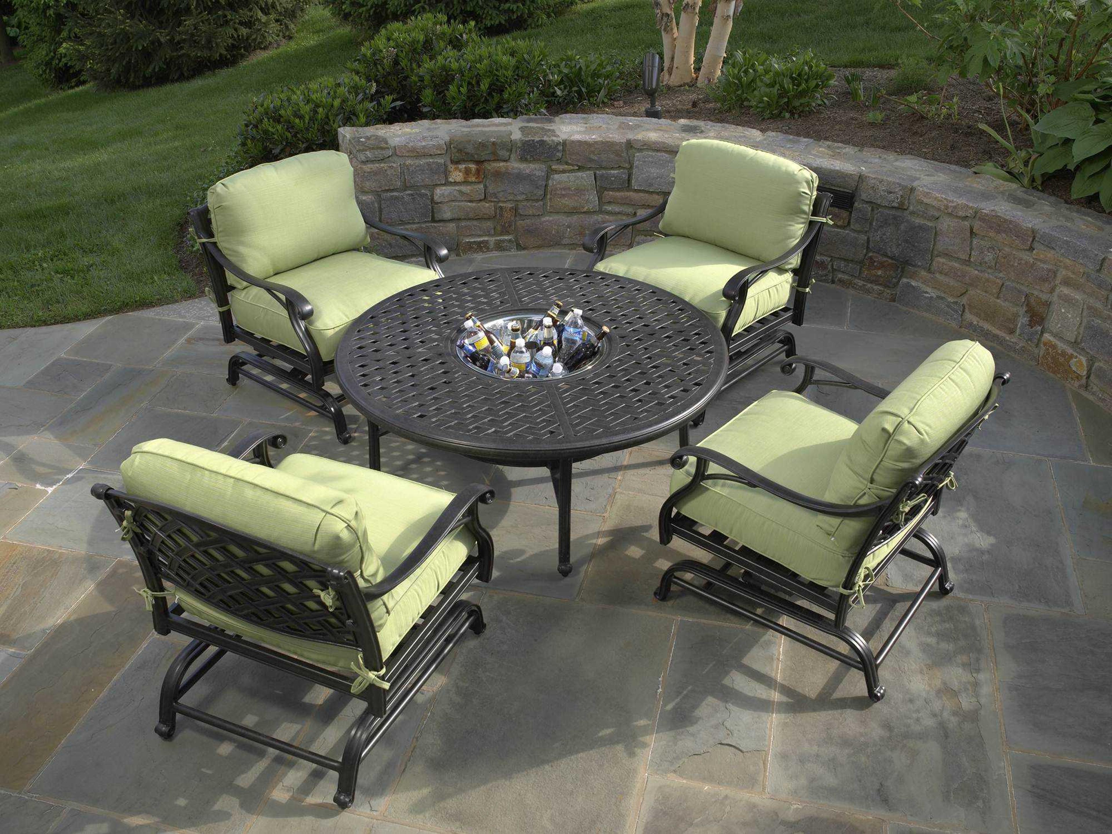 Alfresco Home Long Cove 52 Round Beverage Cooler FirePit Chat Table Set