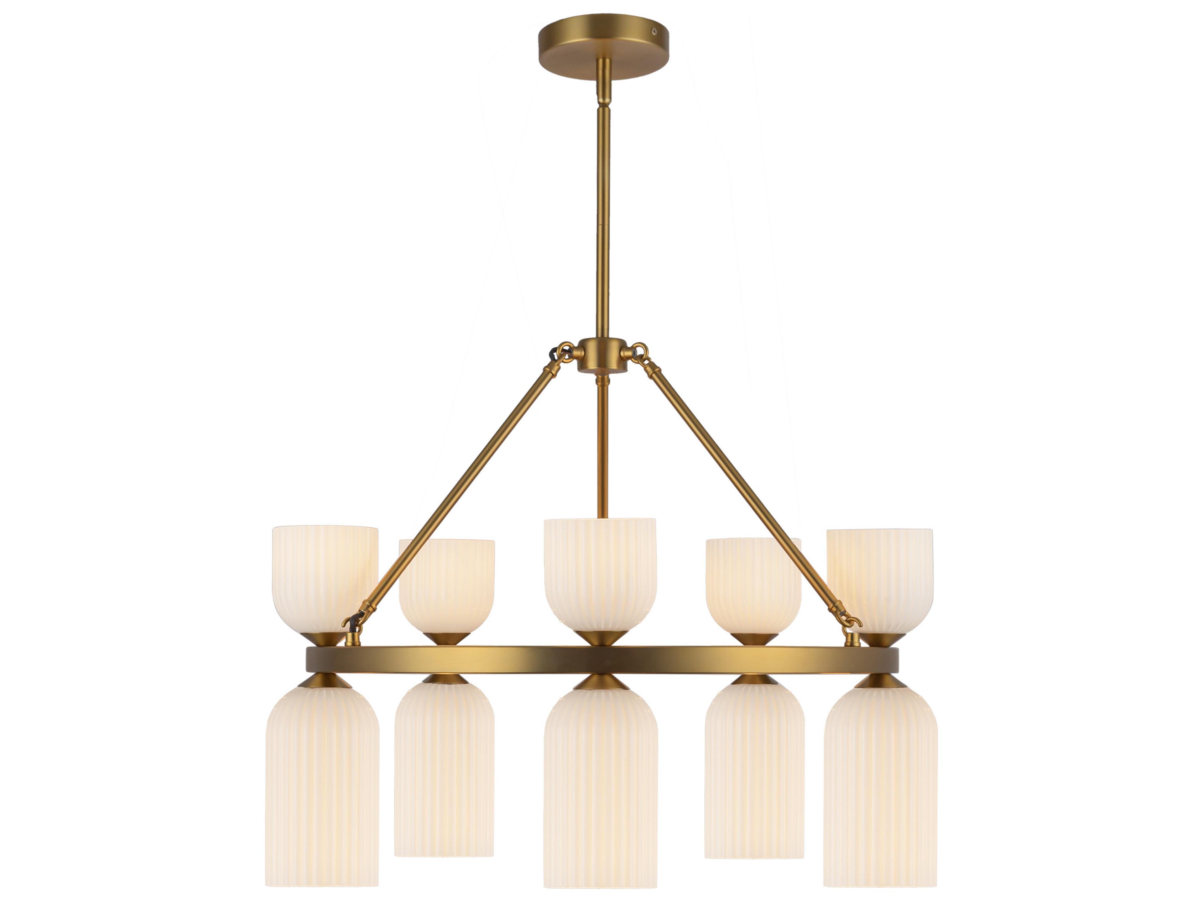 Nelly 10-Light 26-Inch Chandelier Brushed Gold Glossy Opal Ribbed Glass