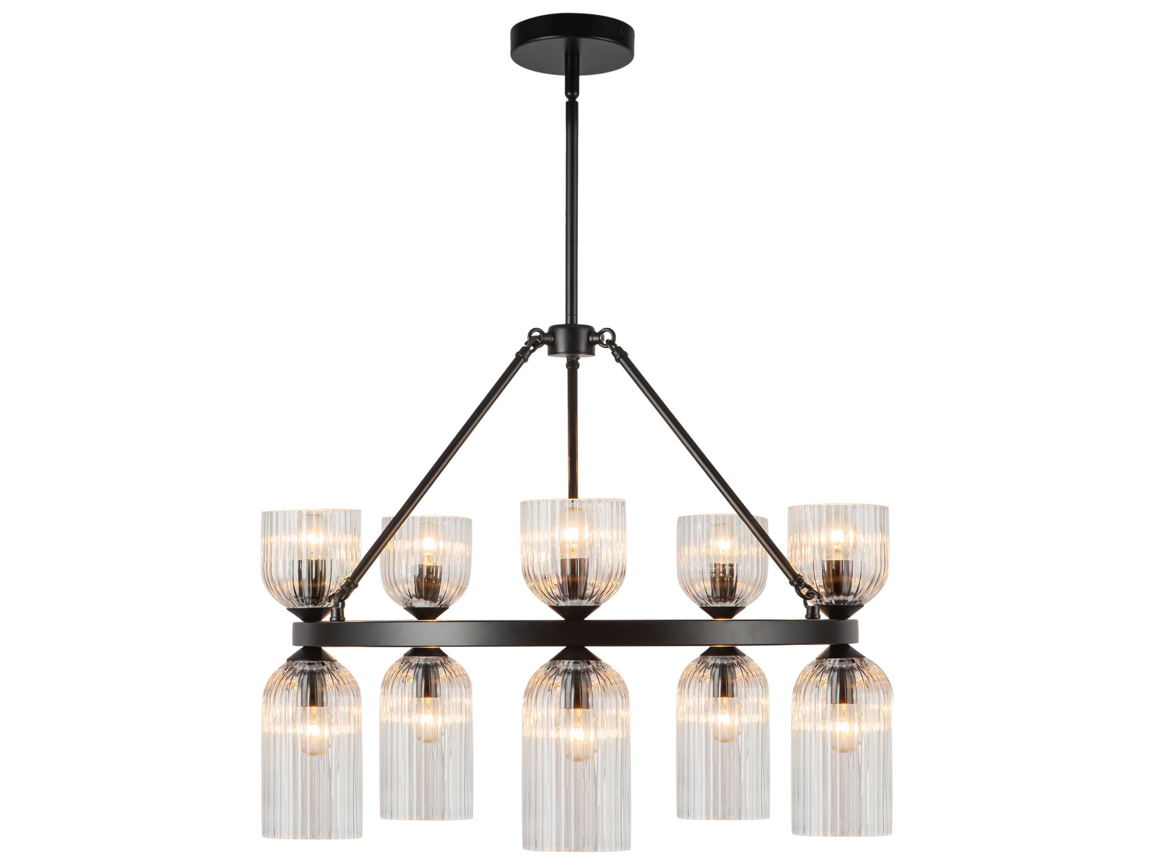 Nelly 10 Light Chandelier 26 Inch Matte Black Clear Ribbed Glass