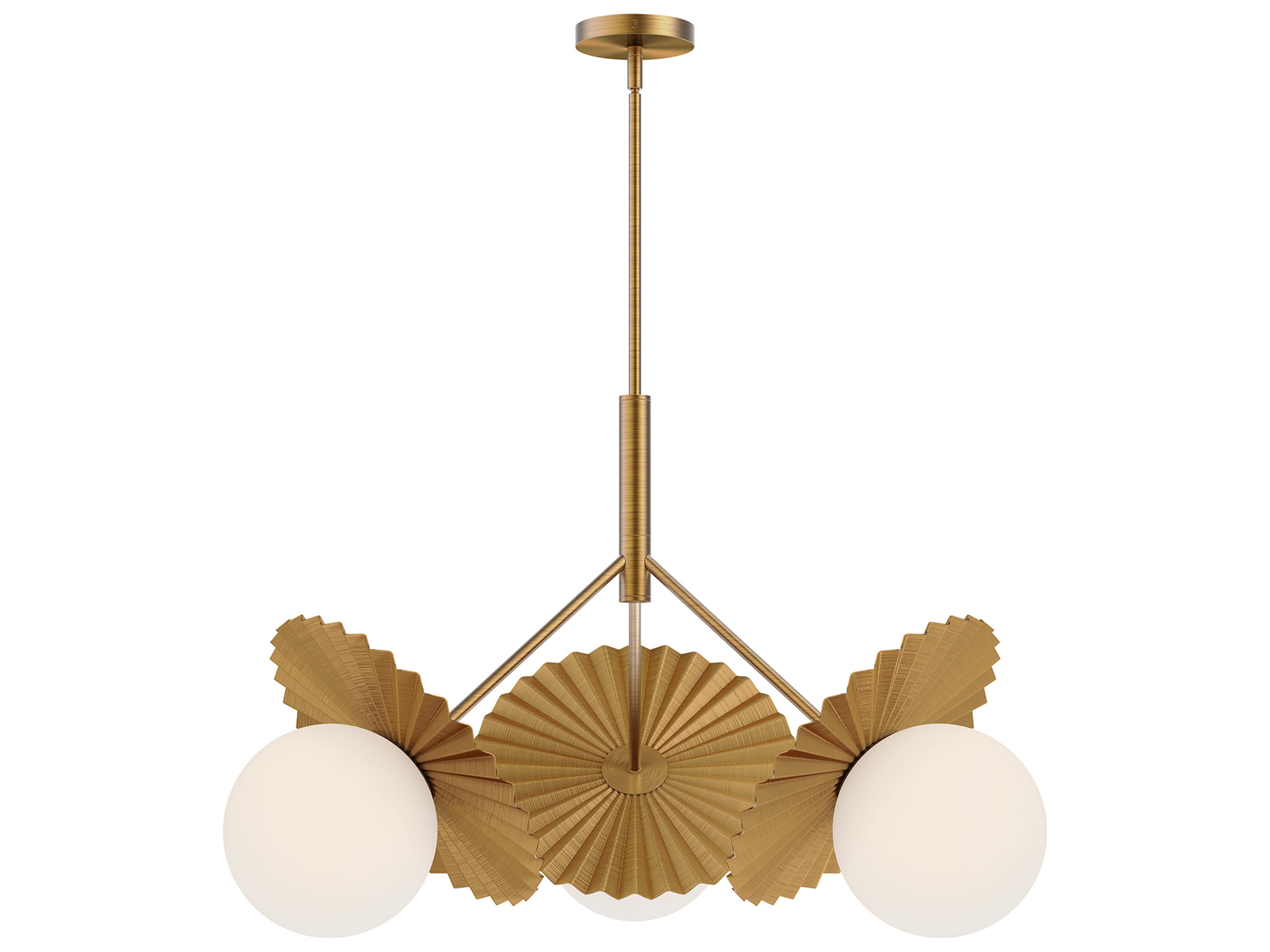 Plume 3 Light Chandelier in Brushed Gold and Opal Glass