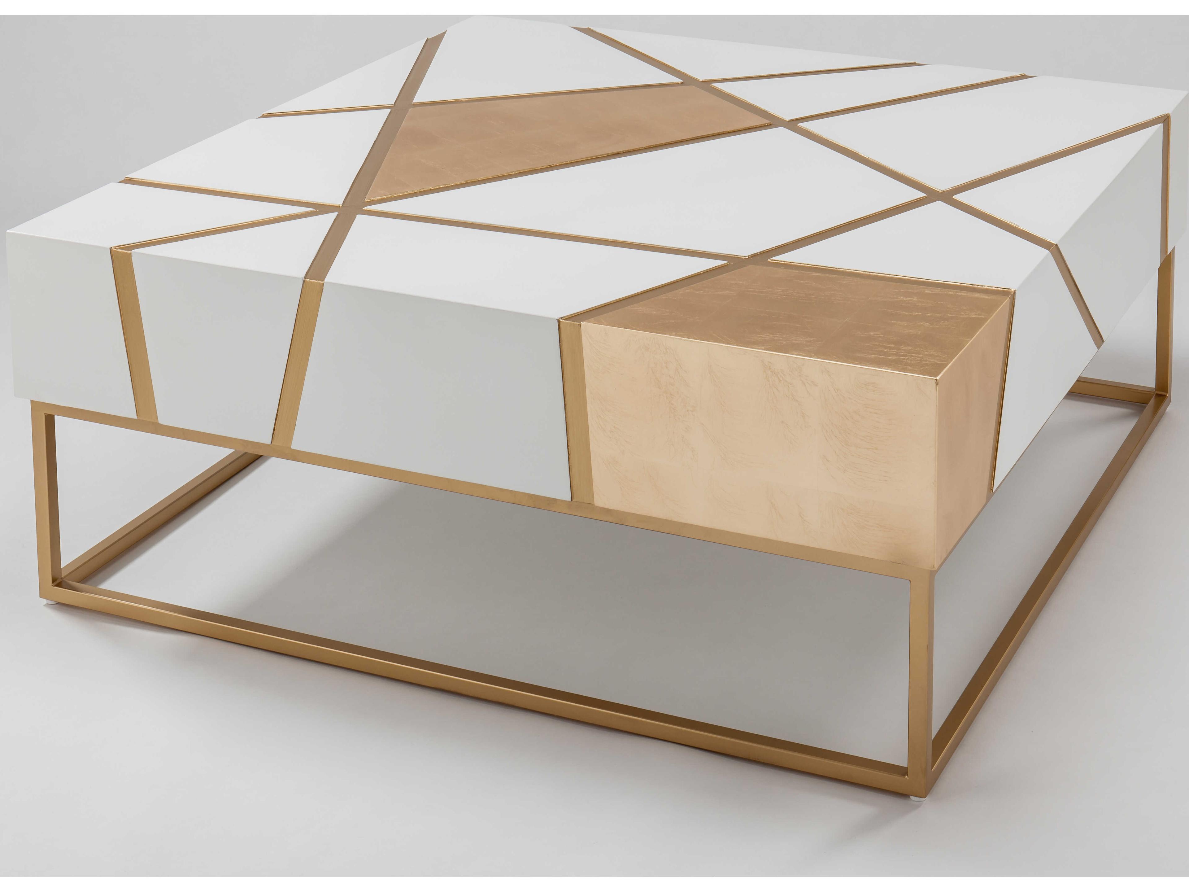 Square Coffee Table with Glass Top in Snow White and Gold Accents