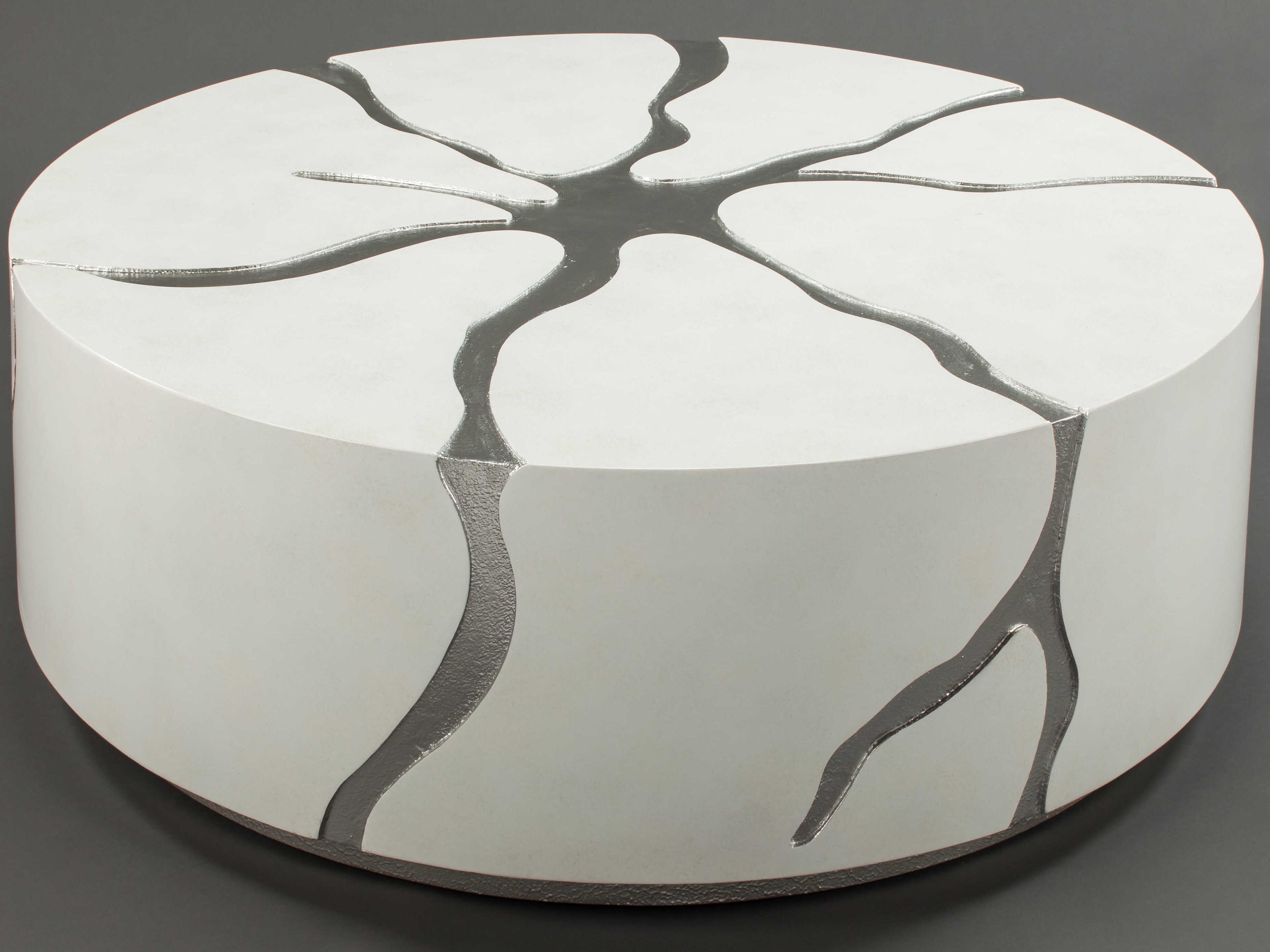 Round Wood Frosty White Gritty Silver Coffee Table