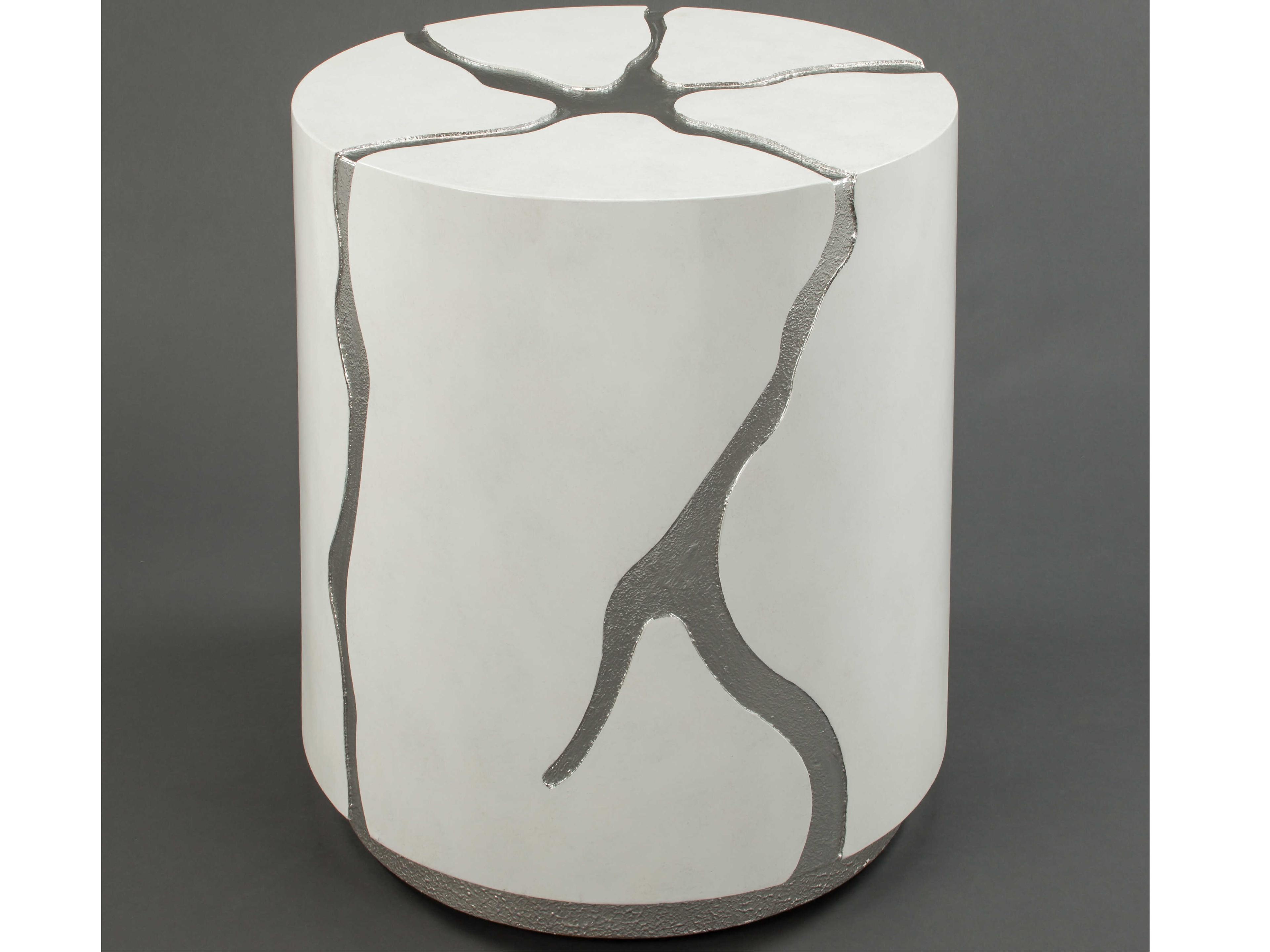 Round Wood Frosty White Gritty Silver End Table