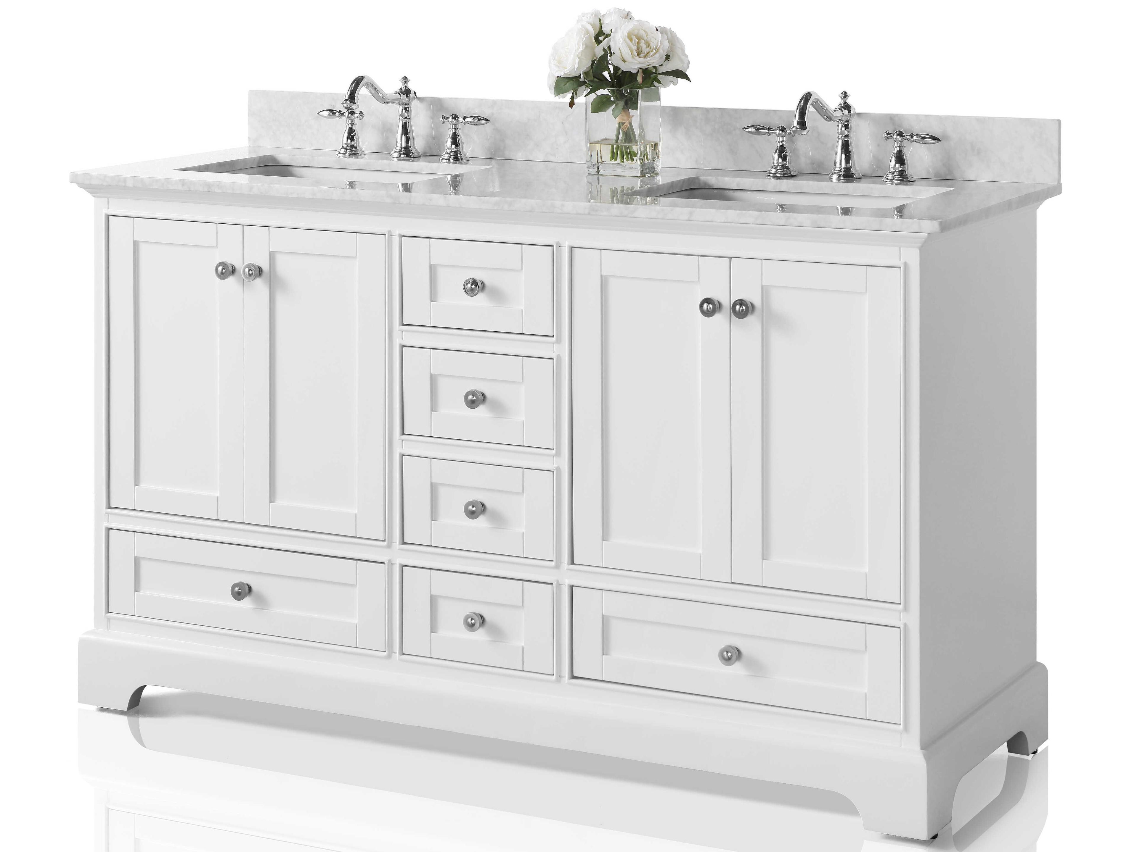 Audrey 60-Inch Double Bathroom Vanity Set Solid Wood White Carrara Marble