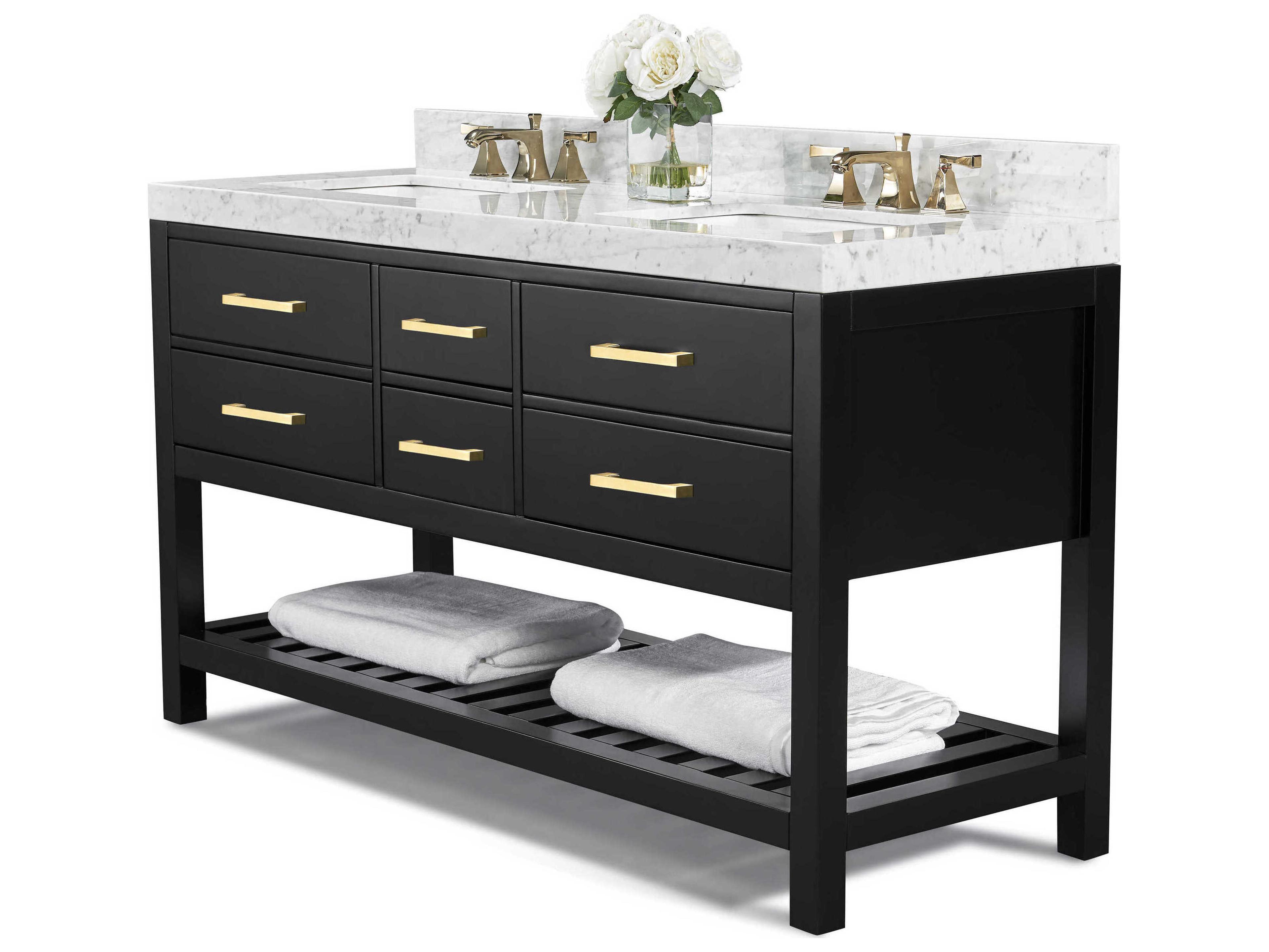 Elizabeth 60 Inch Double Bathroom Vanity Set Black Onyx Carrara Marble Top