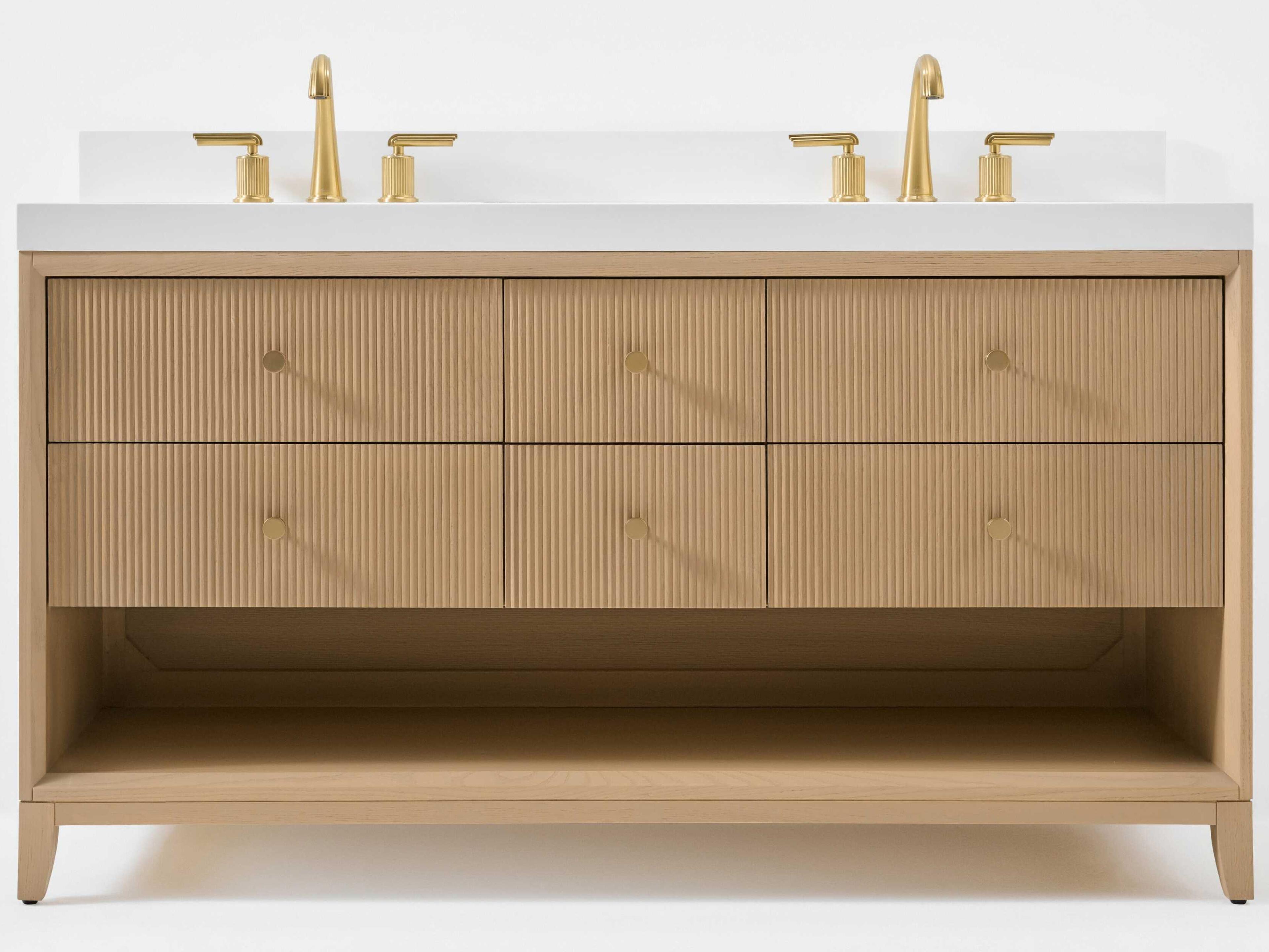 Momo 60 in Solid Oak Double Bathroom Vanity with White Quartz Top