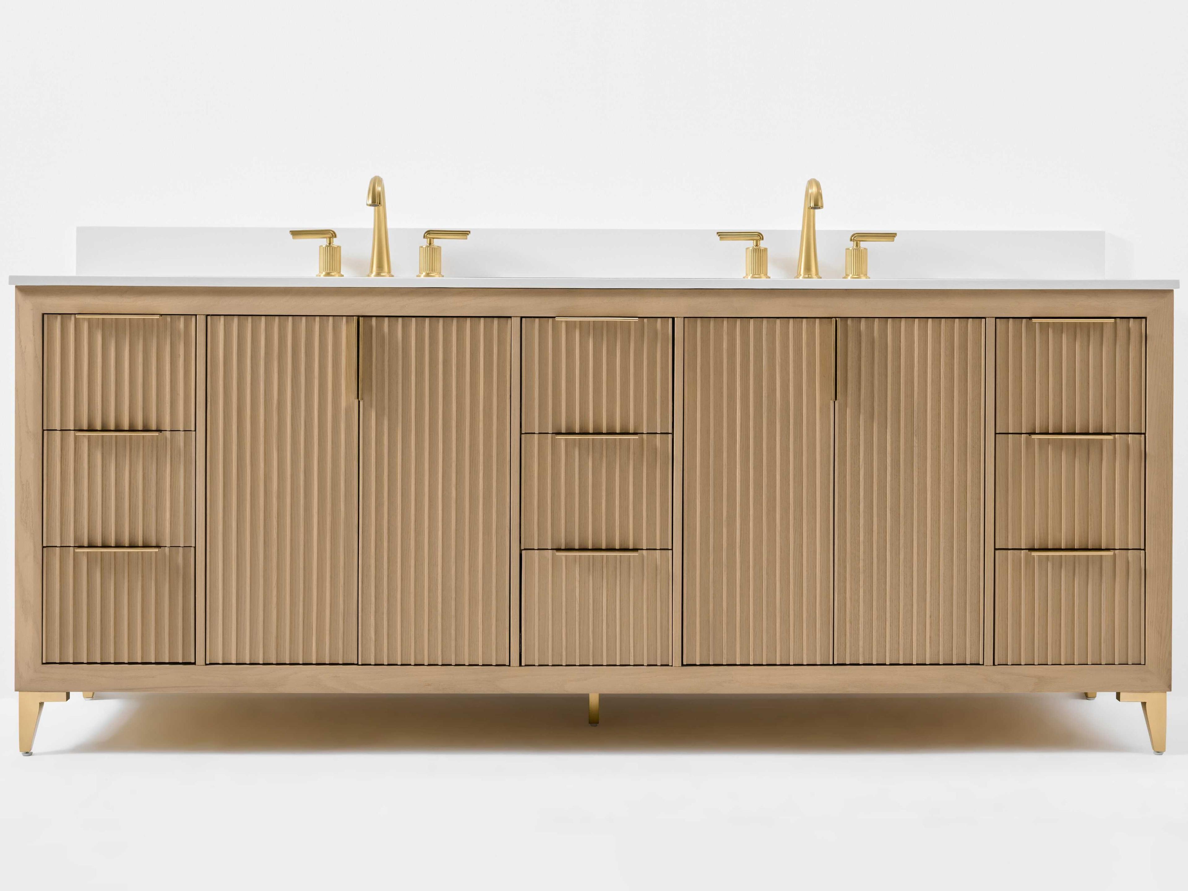 Turlington 84 Inch Double Bathroom Vanity Set Oak White Quartz Top