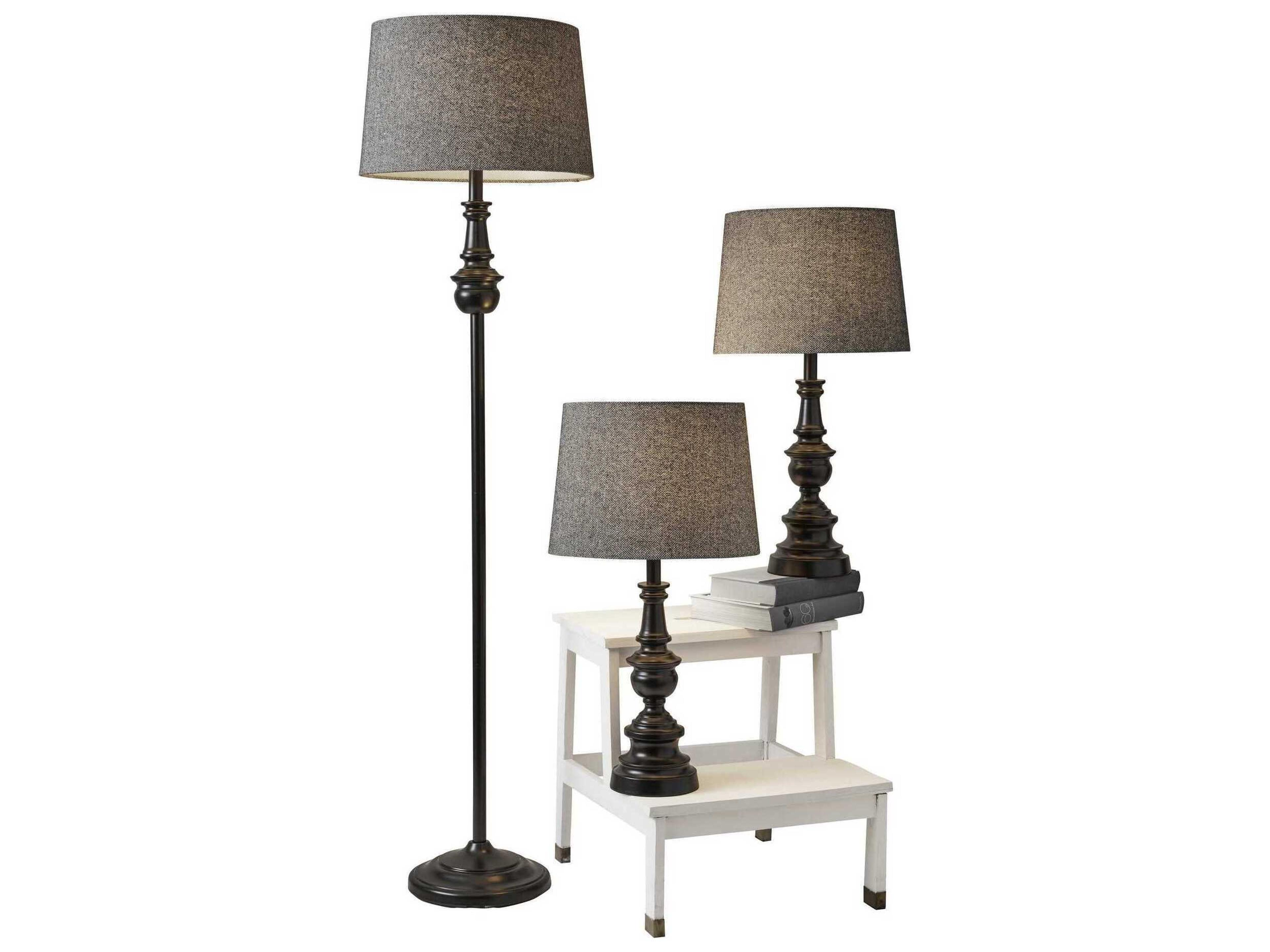 Adesso Chandler Dark Bronze Herringbone Fabric 3 Piece Floor and Table Lamp Set