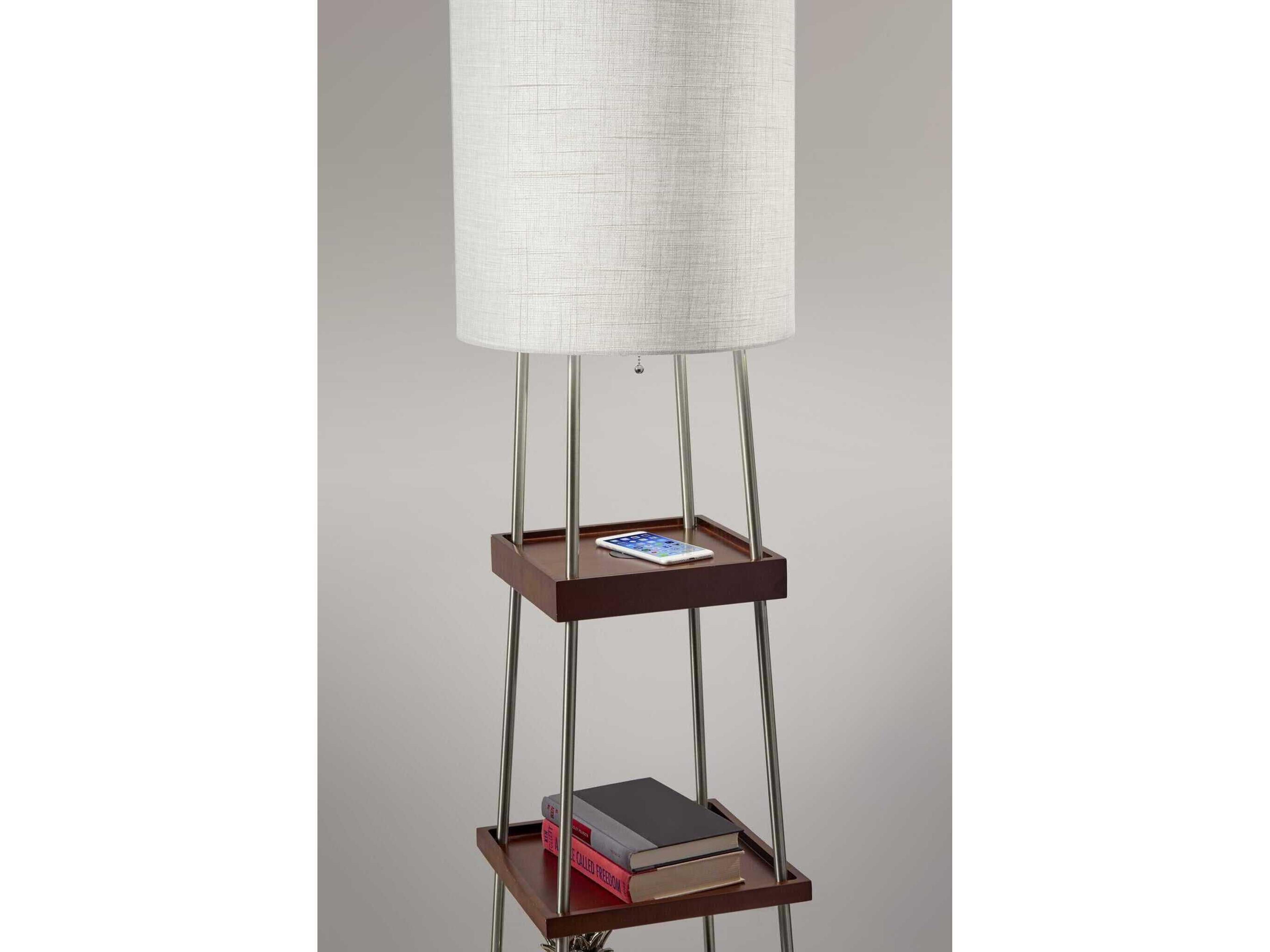 Adesso Henry Brushed Steel Walnut Poplar Light Natural Textured Fabric Floor Lamp