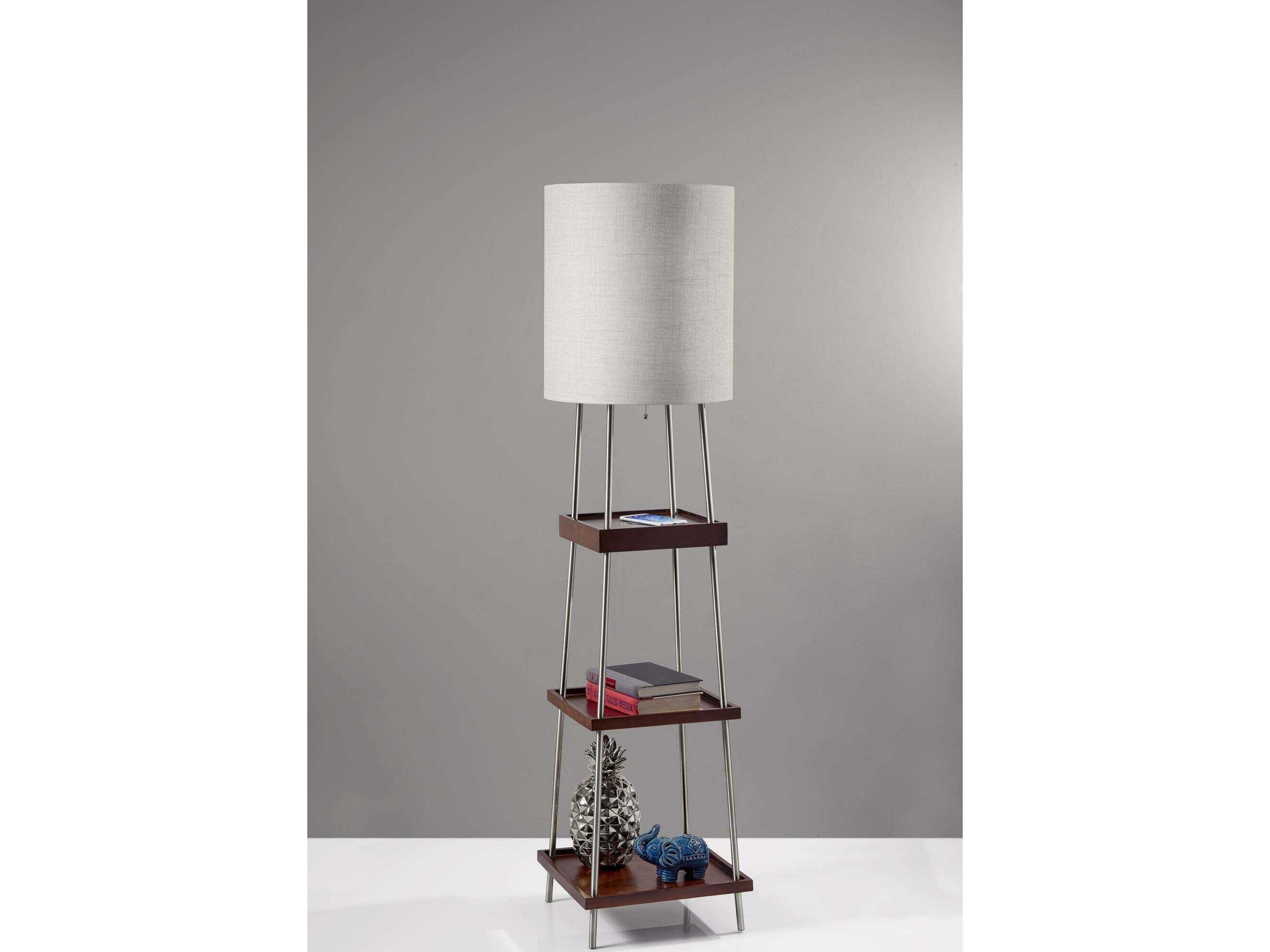 Adesso Henry Brushed Steel Walnut Poplar Light Natural Textured Fabric Floor Lamp
