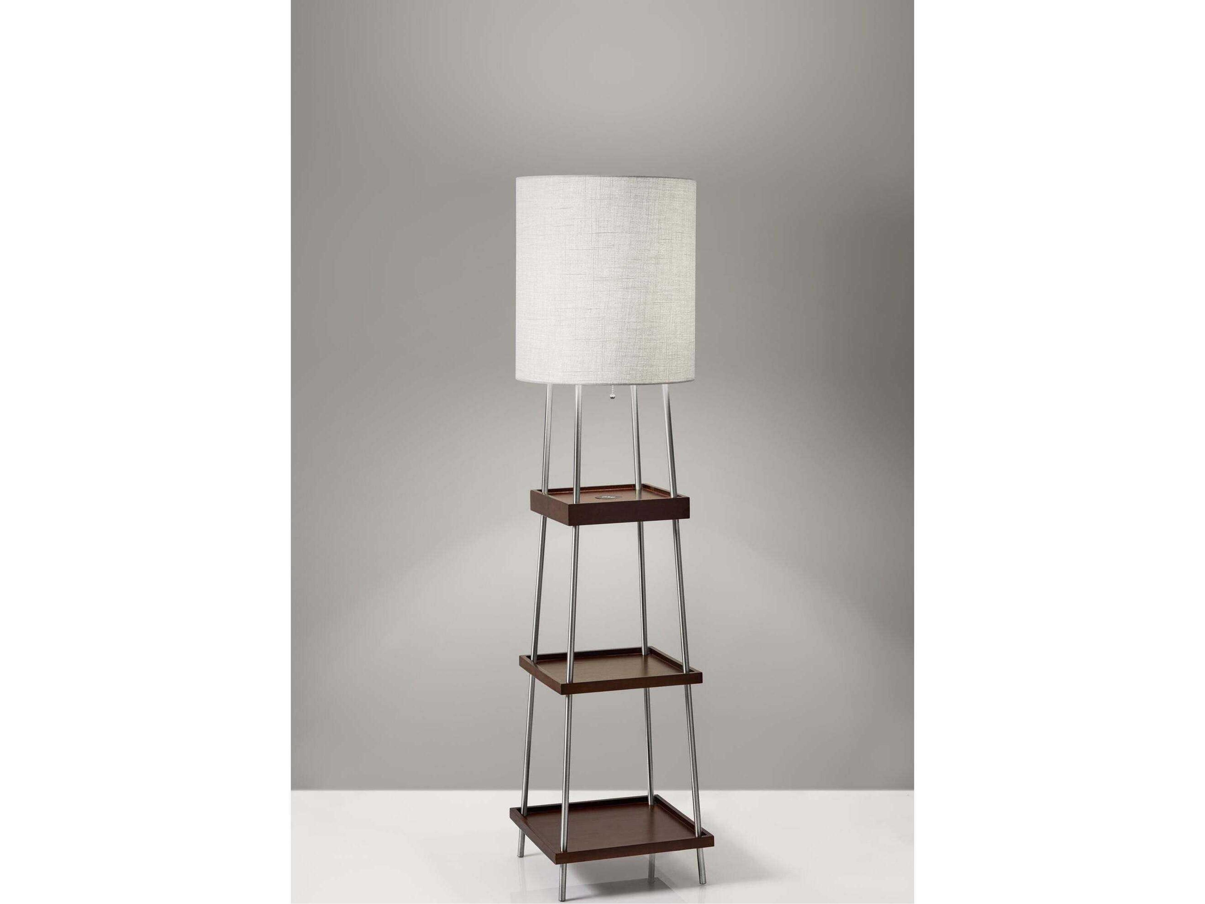 Adesso Henry Brushed Steel Walnut Poplar Light Natural Textured Fabric Floor Lamp