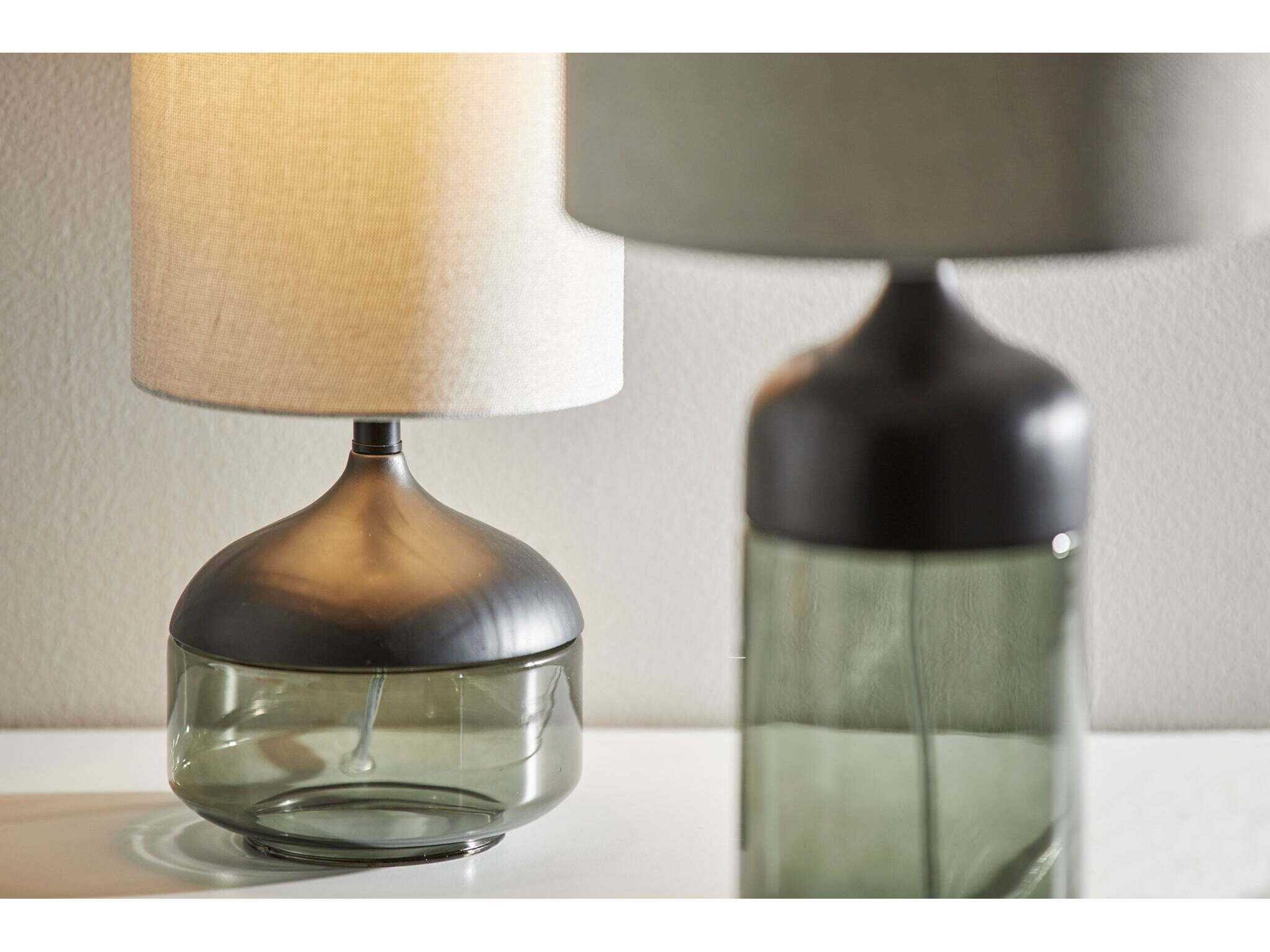 Adesso Marina Black Smoked Glass Light Grey Textured Fabric Table Lamp