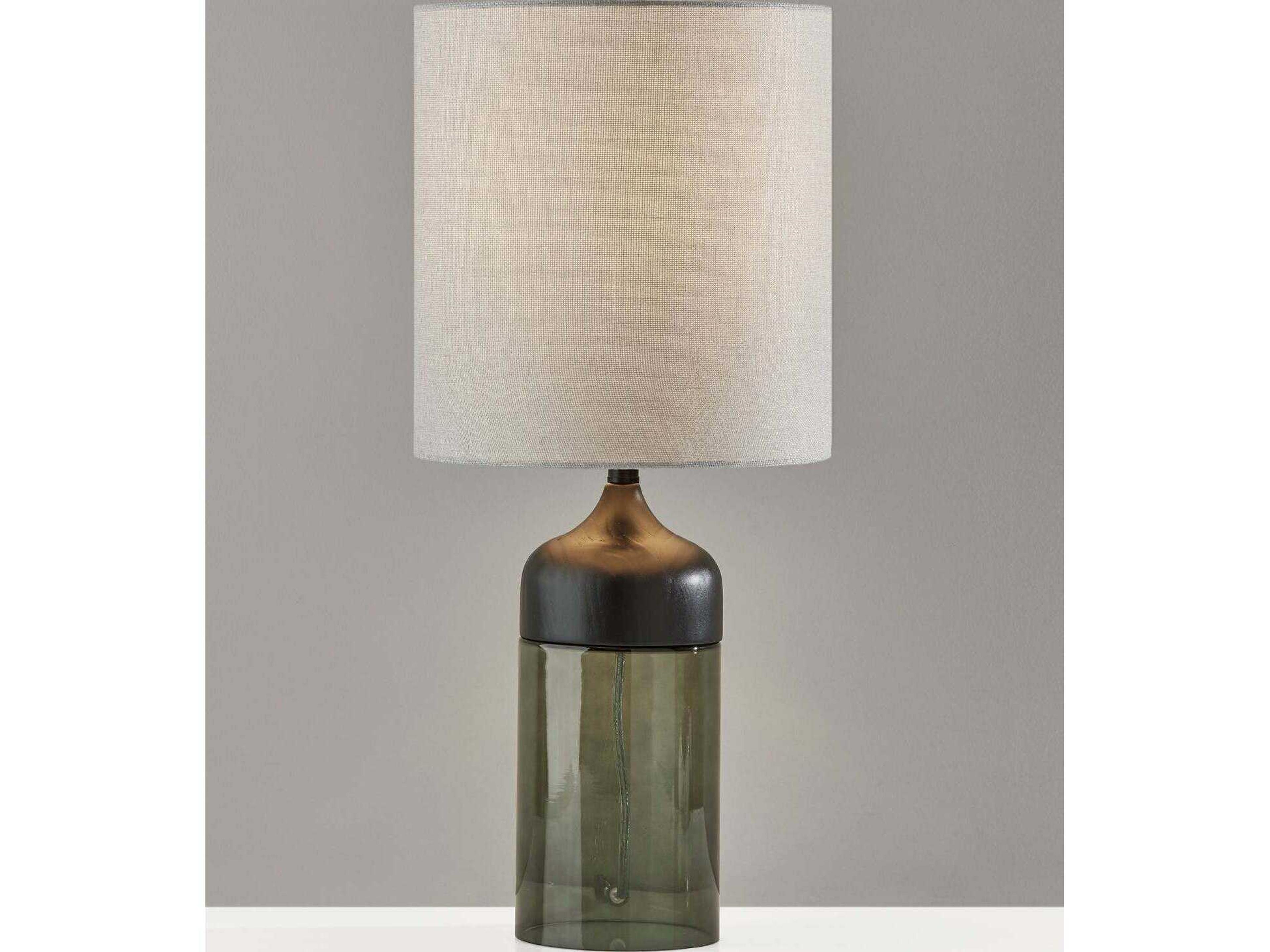 Adesso Marina Black Smoked Glass Light Grey Textured Fabric Table Lamp