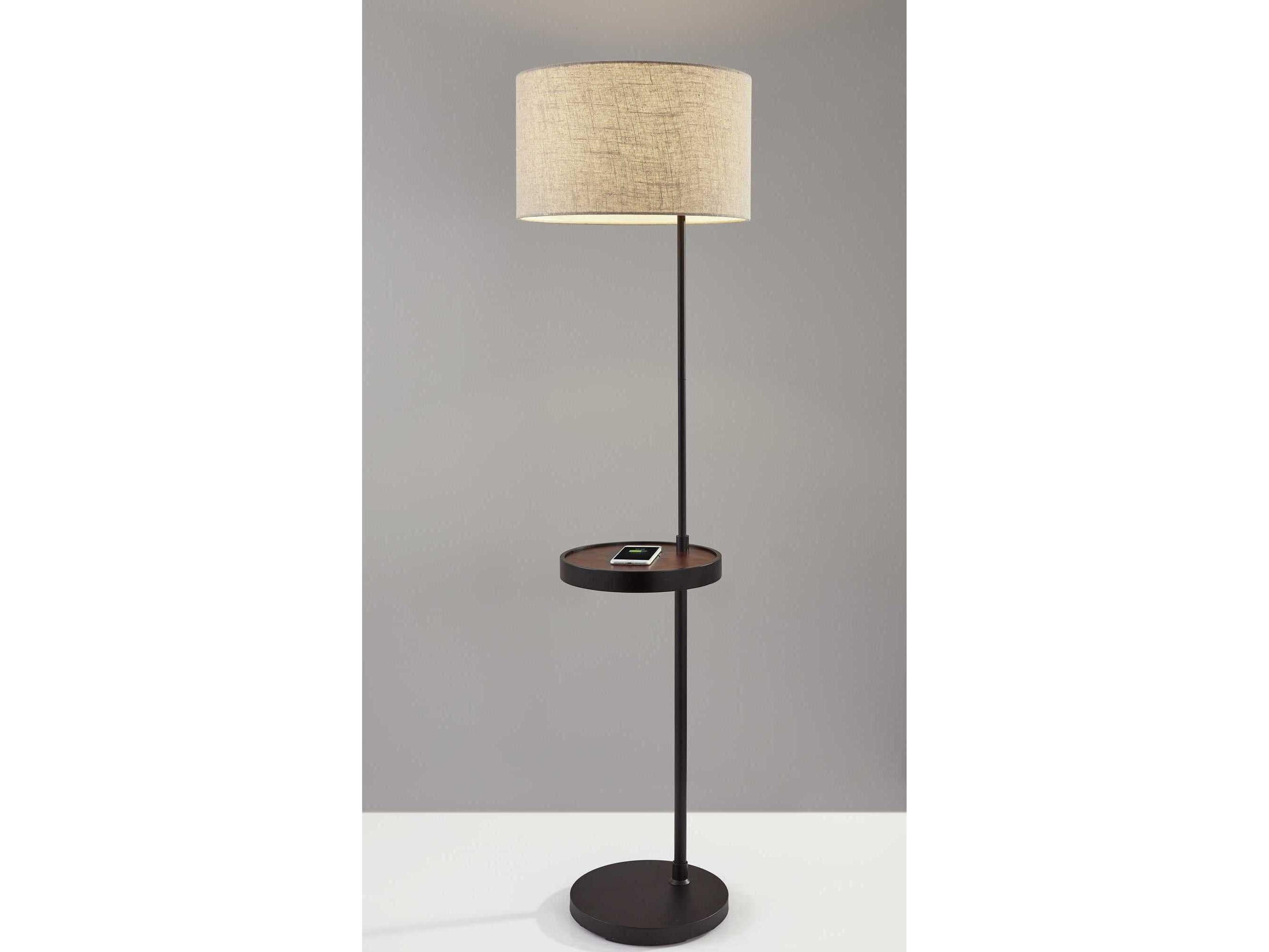 Adesso Oliver Matte Black Walnut Natural Textured Fabric Floor Lamp