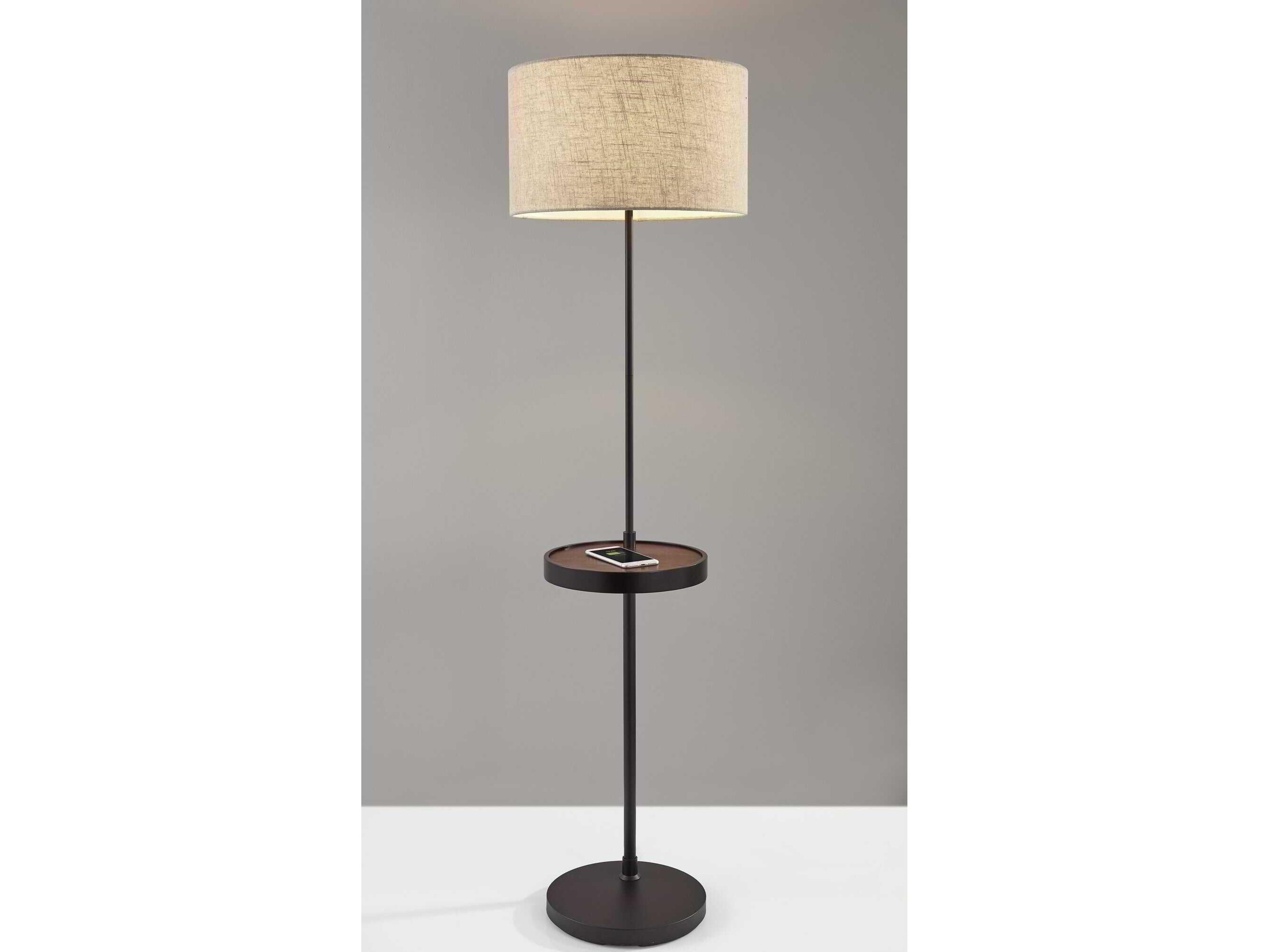 Adesso Oliver Matte Black Walnut Natural Textured Fabric Floor Lamp