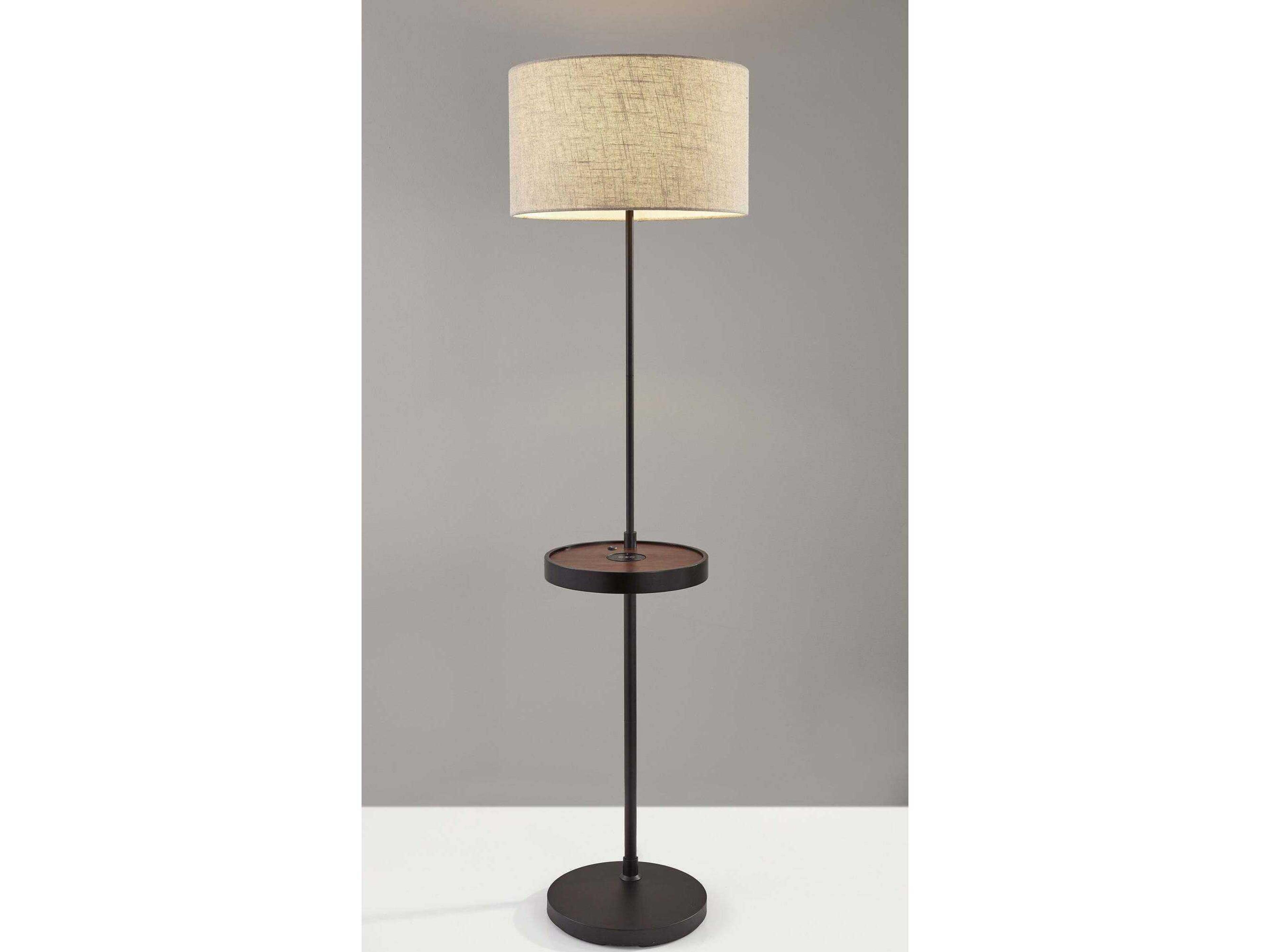Adesso Oliver Matte Black Walnut Natural Textured Fabric Floor Lamp