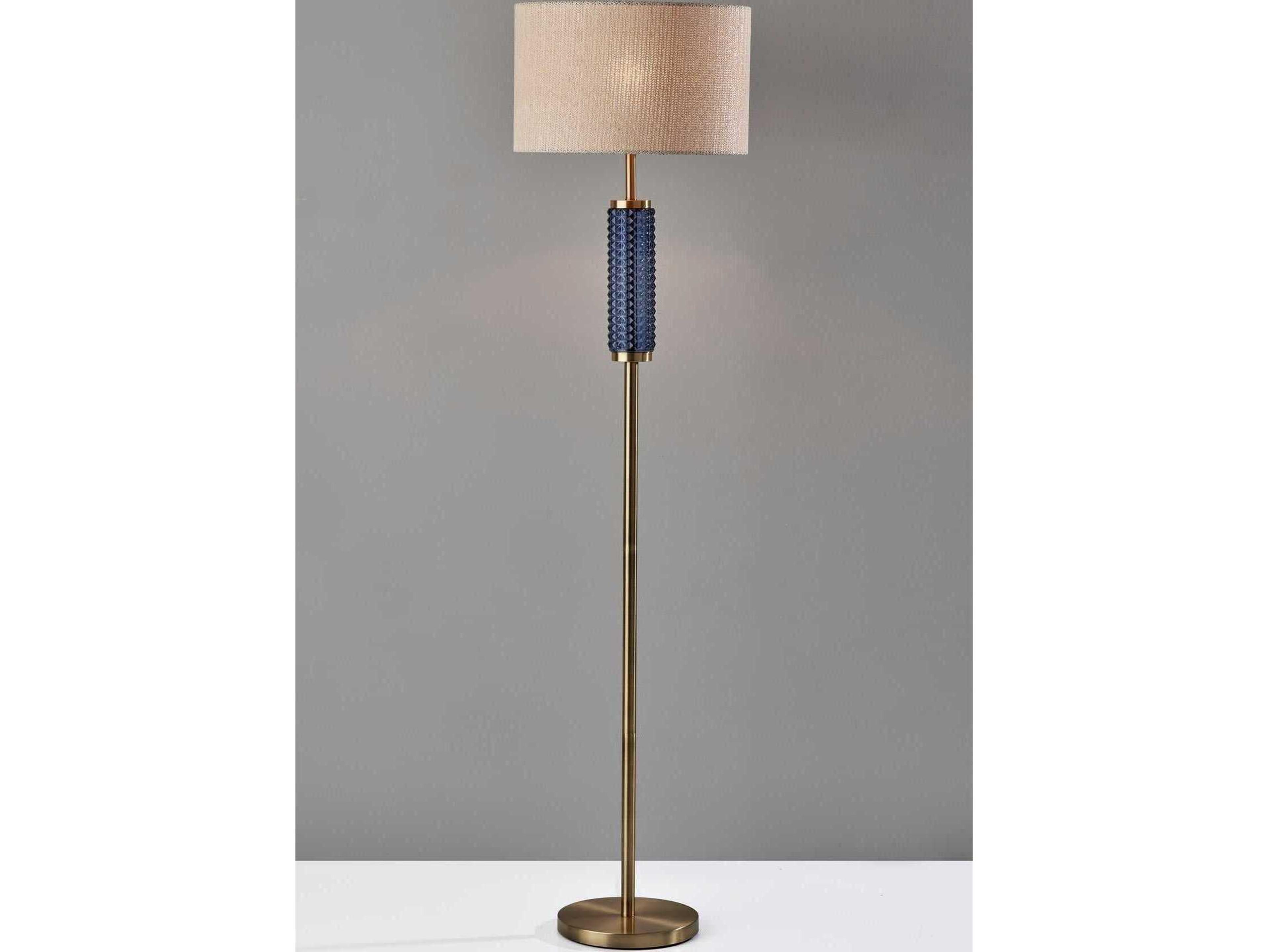 Adesso Delilah Antique Brass Blue Textured Glass Woven Natural Light Beige Paper Floor Lamp